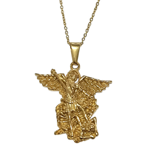 Collar Acero Dorado Arcangel San Miguel 40 mm (ELIGE TAMAÑO DE CADENA)
