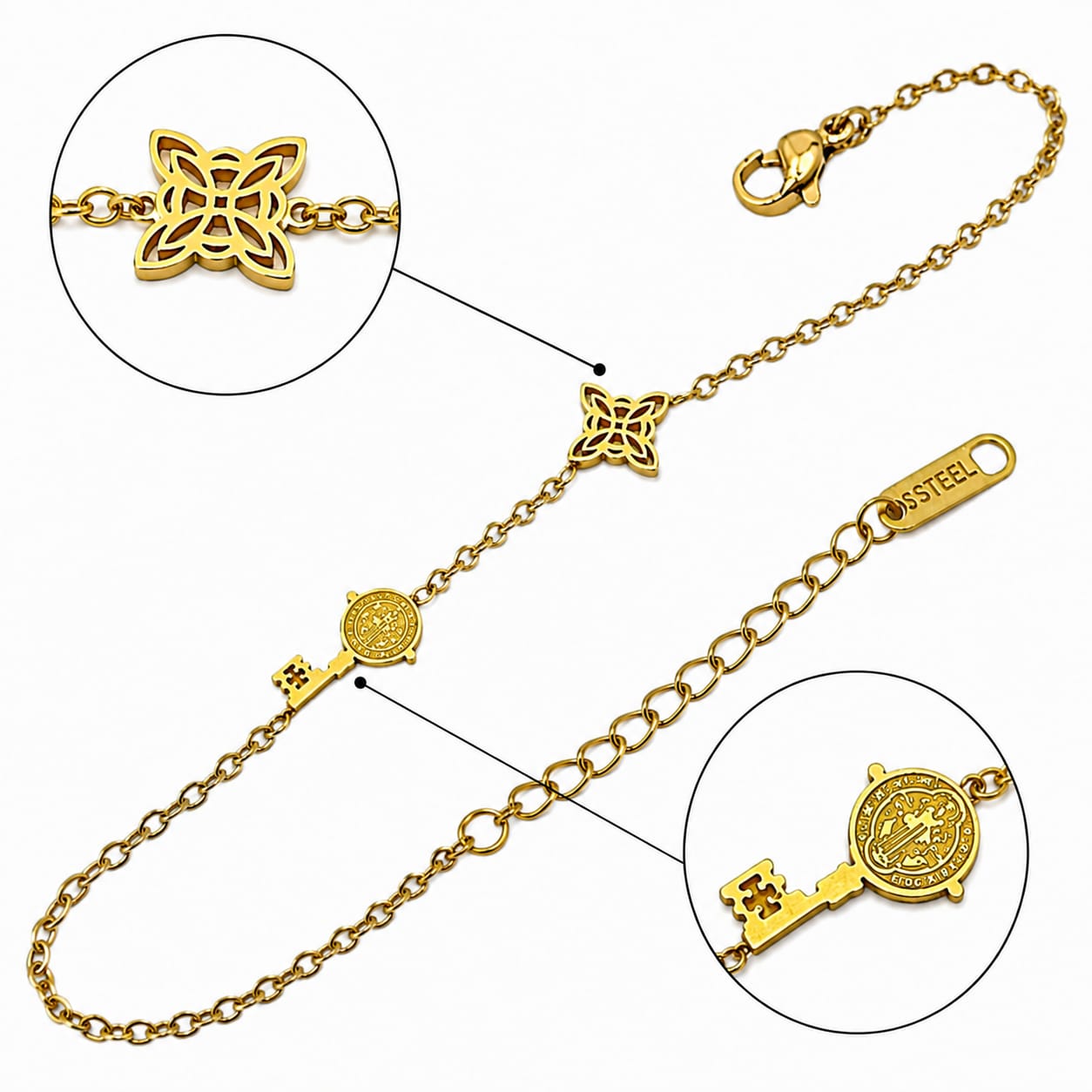 Pulsera Acero Proteccion Y Abrecaminos Dije Nudo De Bruja Y Llave San Benito 18 Cms Aprox PULSERA ACERO
