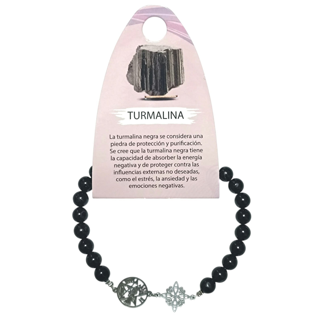 Pulsera Acero Doble Protección Tetragramaton Nudo De Bruja Y Piedra Natural Turmalina 6 mm PULSERA ACERO