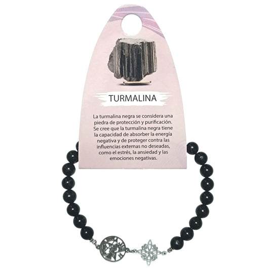 Pulsera Acero Doble Protección Tetragramaton Nudo De Bruja Y Piedra Natural Turmalina 6 mm PULSERA ACERO