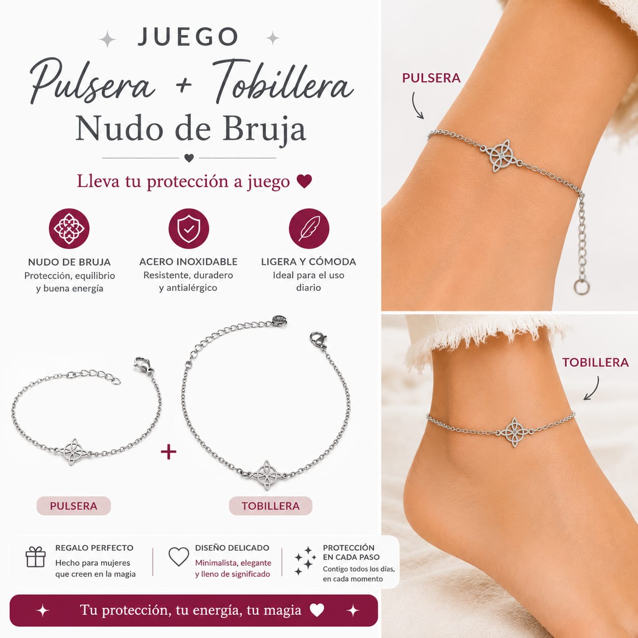 Juego Pulsera + Tobillera Nudo de Bruja | Acero Inoxidable Ajustable PULSERA ACERO