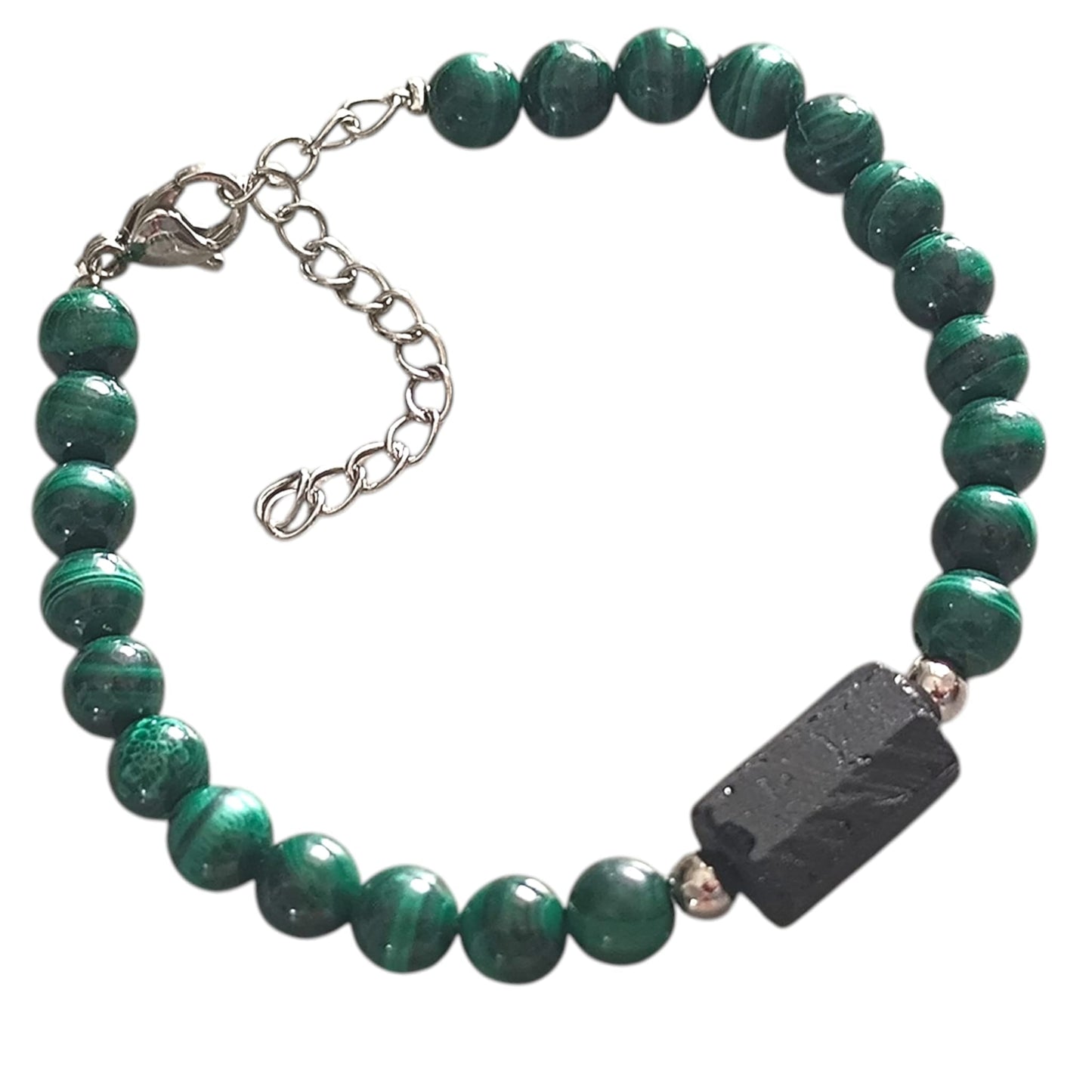 Pulsera Ajustable Piedra Natural Malaquita Con Entrepieza Piedra Turmalina Fabricada En Hilo De Acero PULSERA ACERO