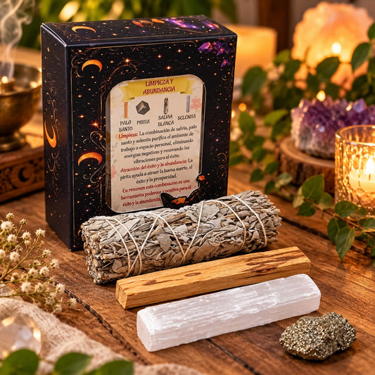 Kit Ritual Pirita y Selenita – Salvia Blanca y Palo Santo | Limpieza y Abundancia TODOMINERAL