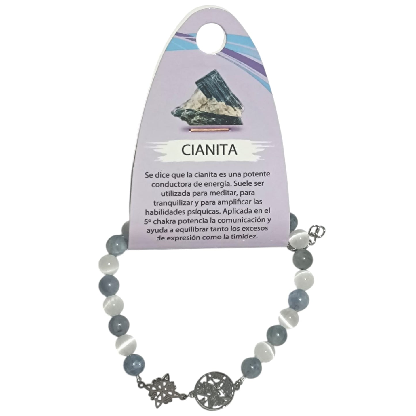 Pulsera Selenita y Cianita Azul con Amuleto Nudo De Bruja Y Tetragramaton – Equilibrio Energético y Armonía Interior | Ajustable Acero) PULSERA ACERO