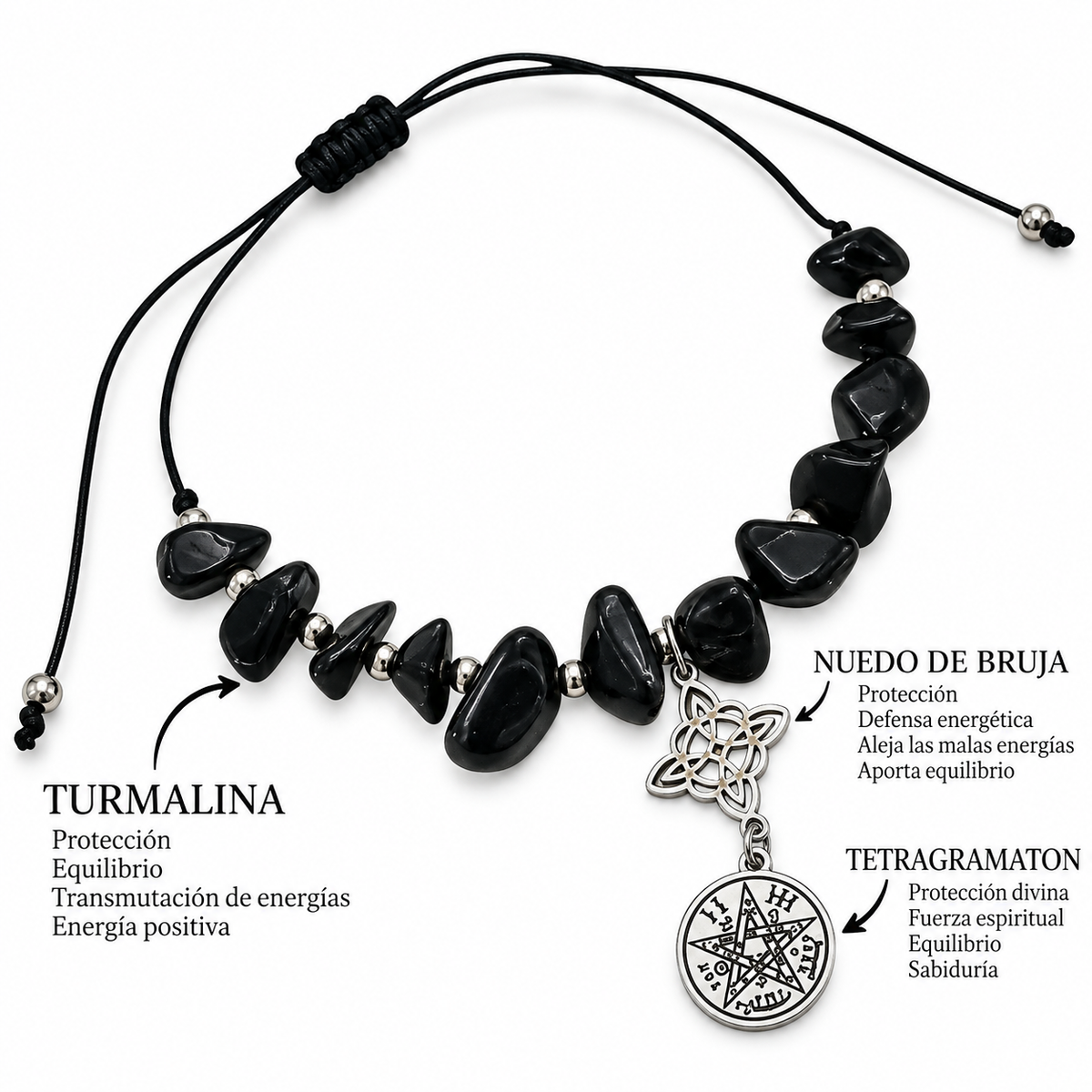 Pulsera Hilo Y Piedra Turmalina Con Dije Acero Nudo De Bruja-Tetragramaton Doble Proteccion PULSERAS MINERALES