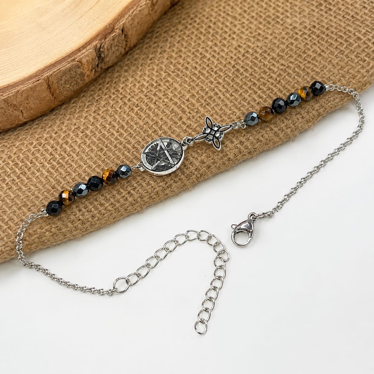 Tobillera Artesanal Acero 5 Proteccion Dije Nudo De Bruja-Tetragramaton Con Piedra Natural Ojo De Tigre Obsidiana Y Hematite TOBILLERAS ACERO