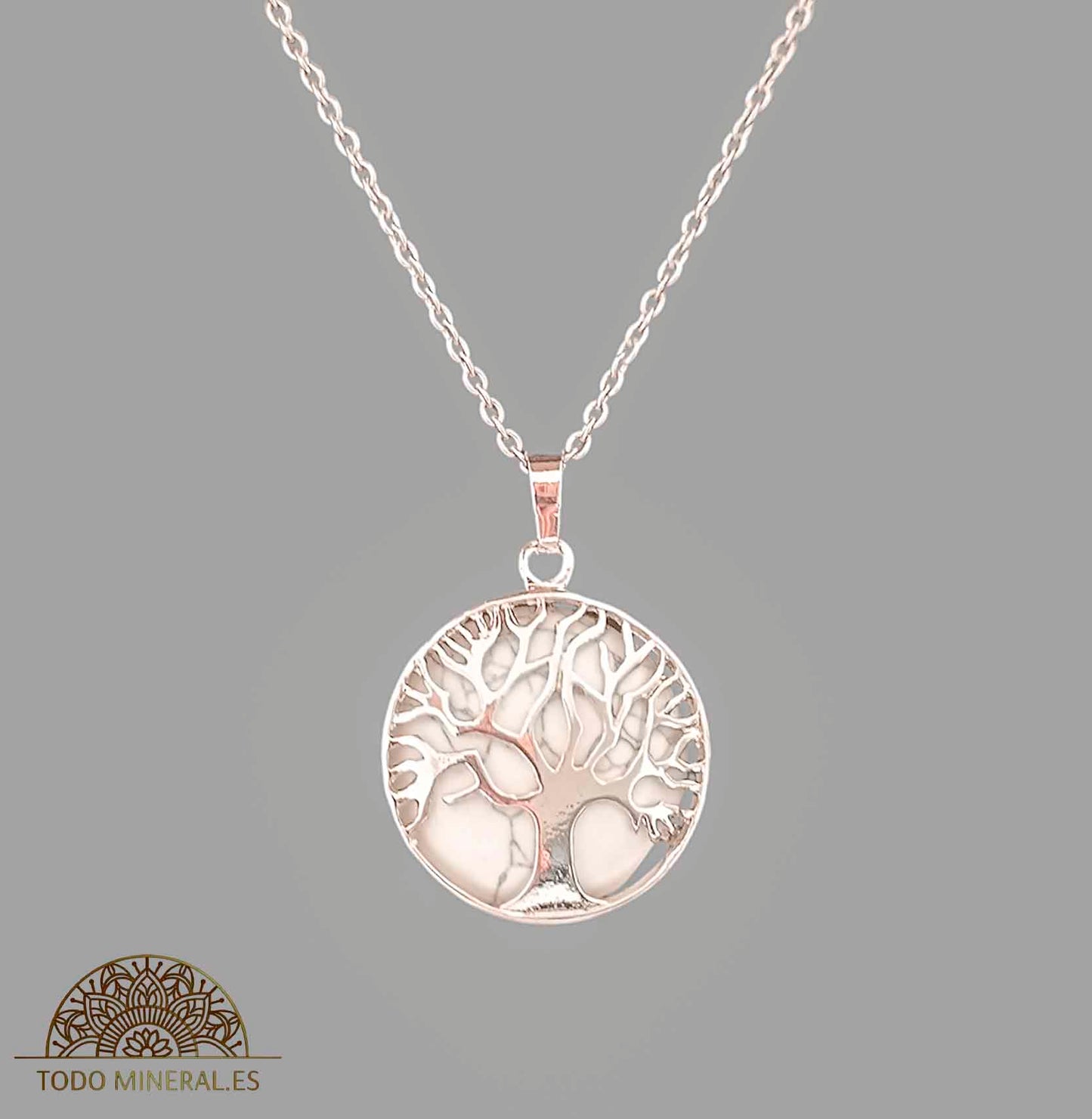Collar Árbol De La Vida Metal Con Pedra Howlite Y Cadena Acero 45 Cms - TODOMINERAL