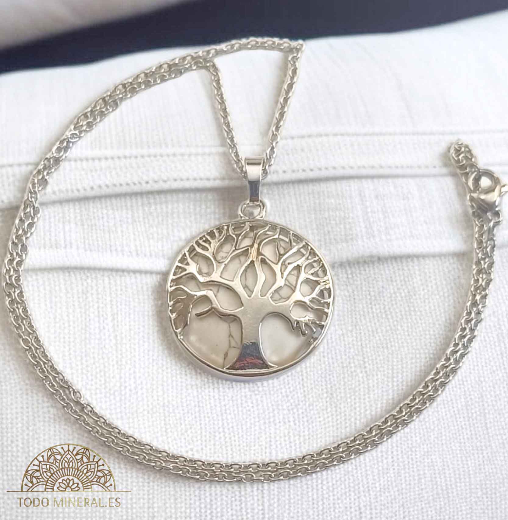 Collar Árbol De La Vida Metal Con Pedra Howlite Y Cadena Acero 45 Cms - TODOMINERAL