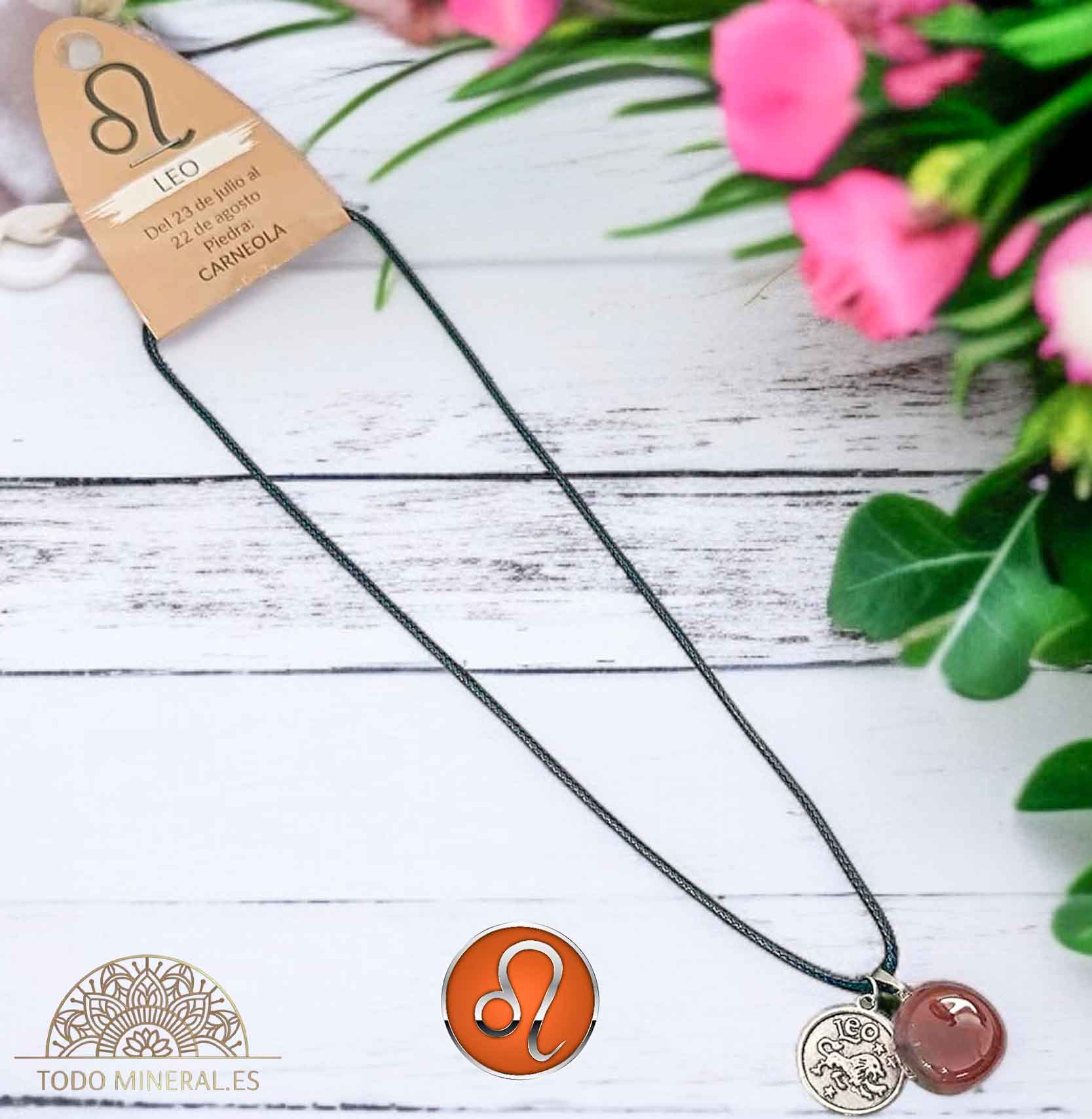 Collar Horóscopo Leo Con Piedra Carneola Y Dije En Metal Cordon 45Cms - TODOMINERAL