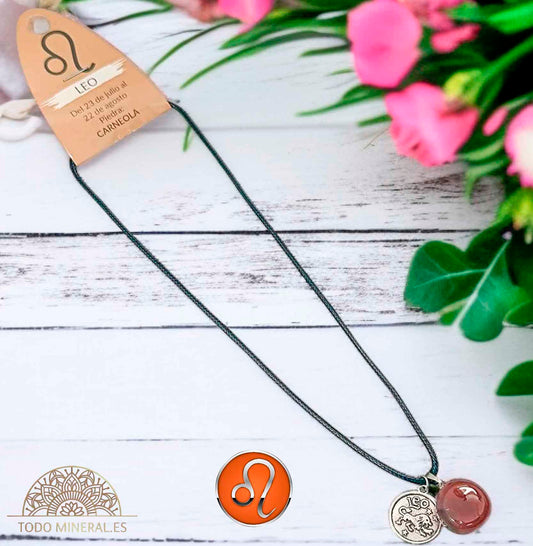Collar Horóscopo Leo Con Piedra Carneola Y Dije En Metal Cordon 45Cms - TODOMINERAL