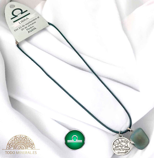 Collar Horóscopo Libra Con Piedra Ágata Y Dije En Metal Cordon 45Cms - TODOMINERAL