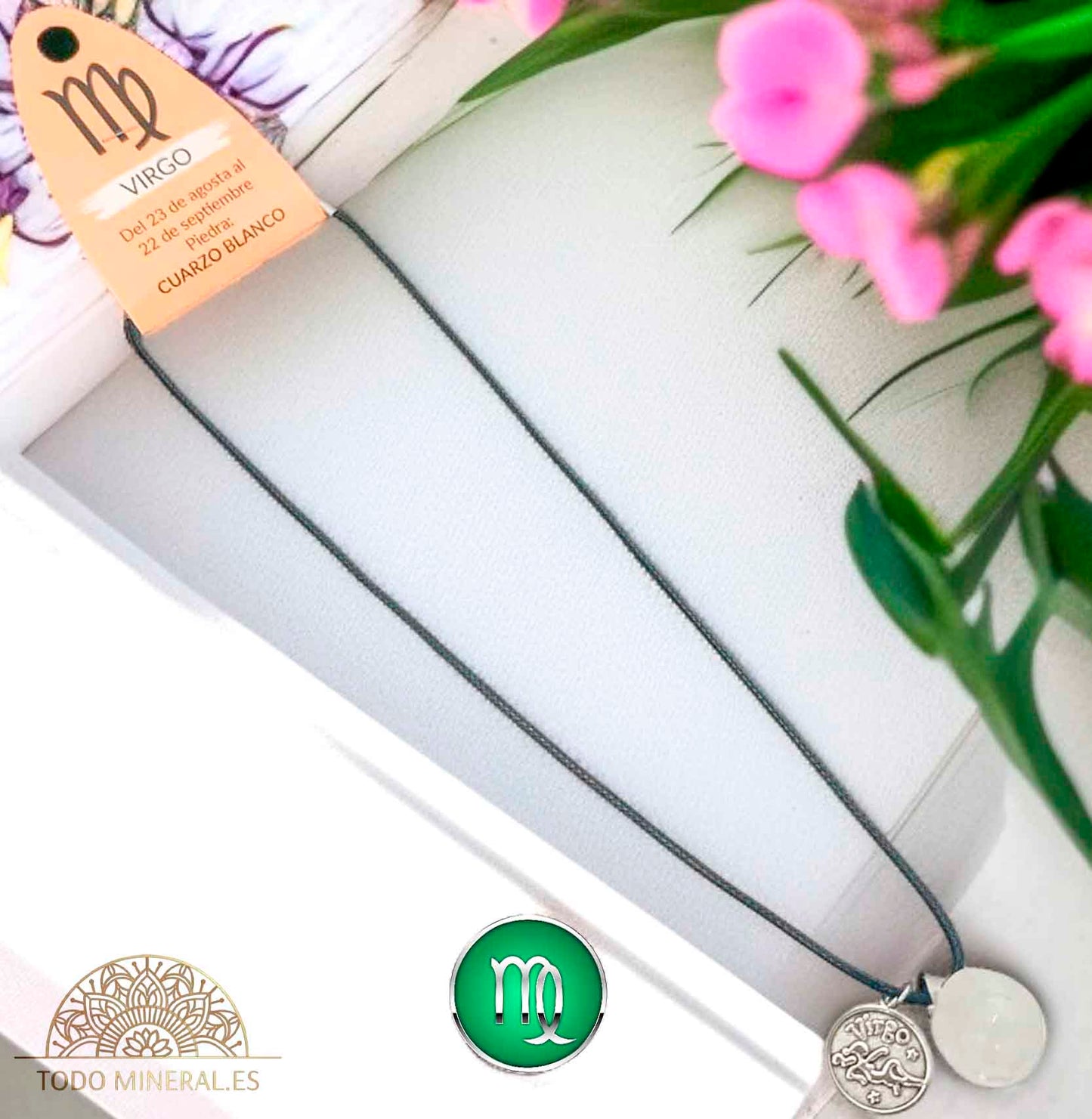 Collar Horóscopo Virgo Con Piedra Cuarzo Blanco Y Dije En Metal Cordon 45Cms - TODOMINERAL