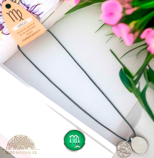 Collar Horóscopo Virgo Con Piedra Cuarzo Blanco Y Dije En Metal Cordon 45Cms - TODOMINERAL