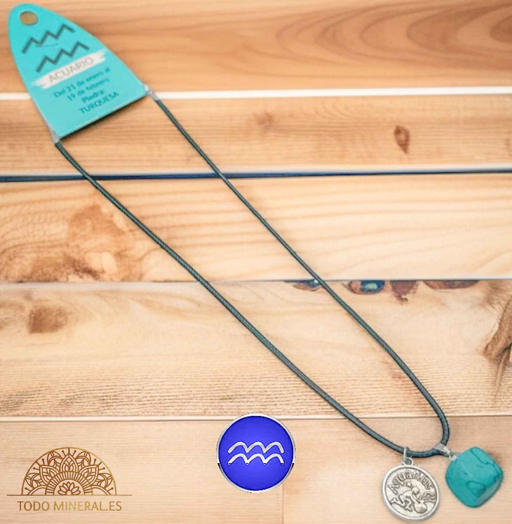 Collar Horóscopo Acuario Con Piedra Turquesina Y Dije En Metal Cordon 45Cms - TODOMINERAL