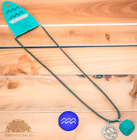 Collar Horóscopo Acuario Con Piedra Turquesina Y Dije En Metal Cordon 45Cms - TODOMINERAL