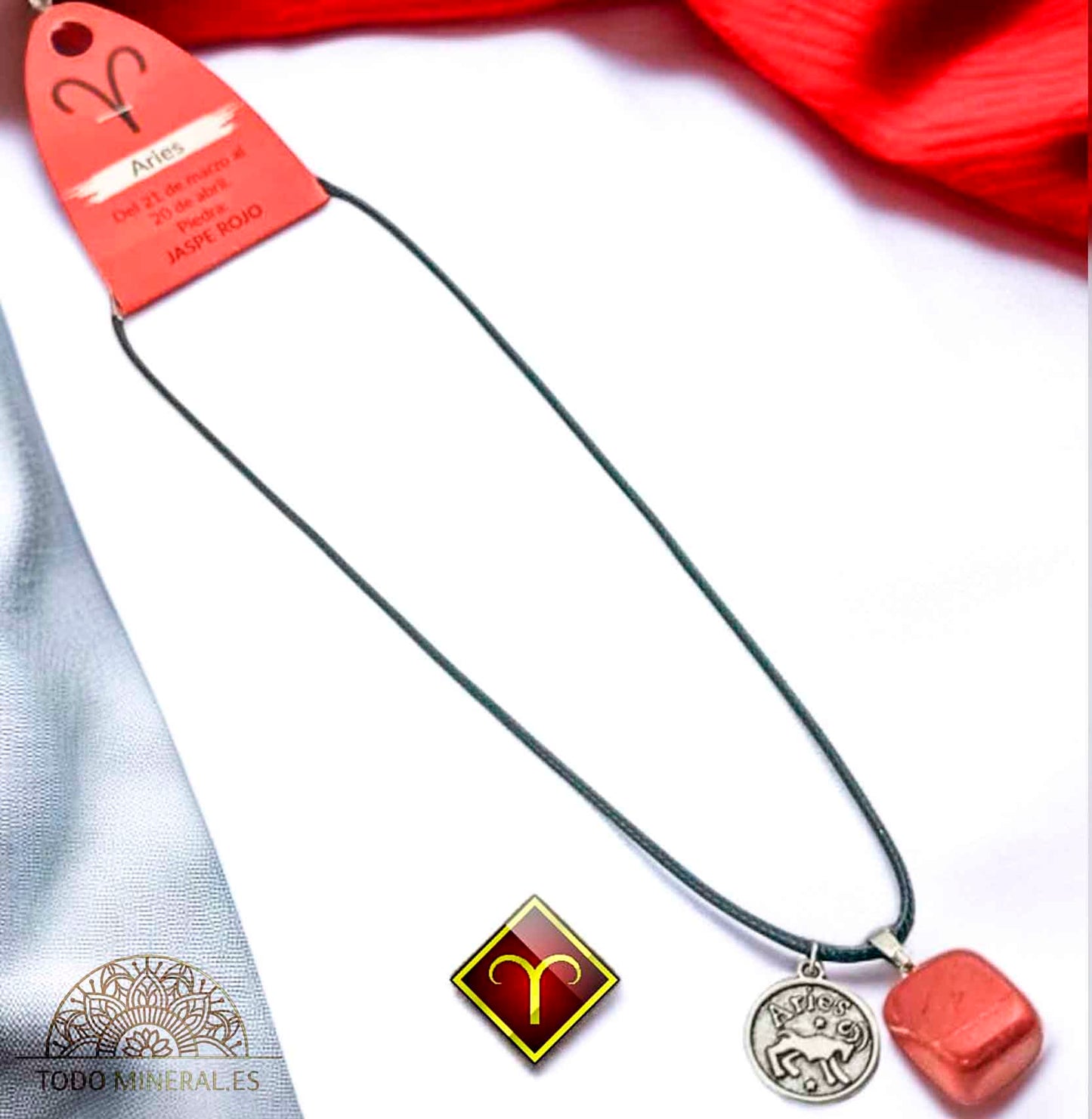 Collar Horóscopo Aries Con Piedra Jaspe Rojo Y Dije En Metal Cordon 45Cms - TODOMINERAL