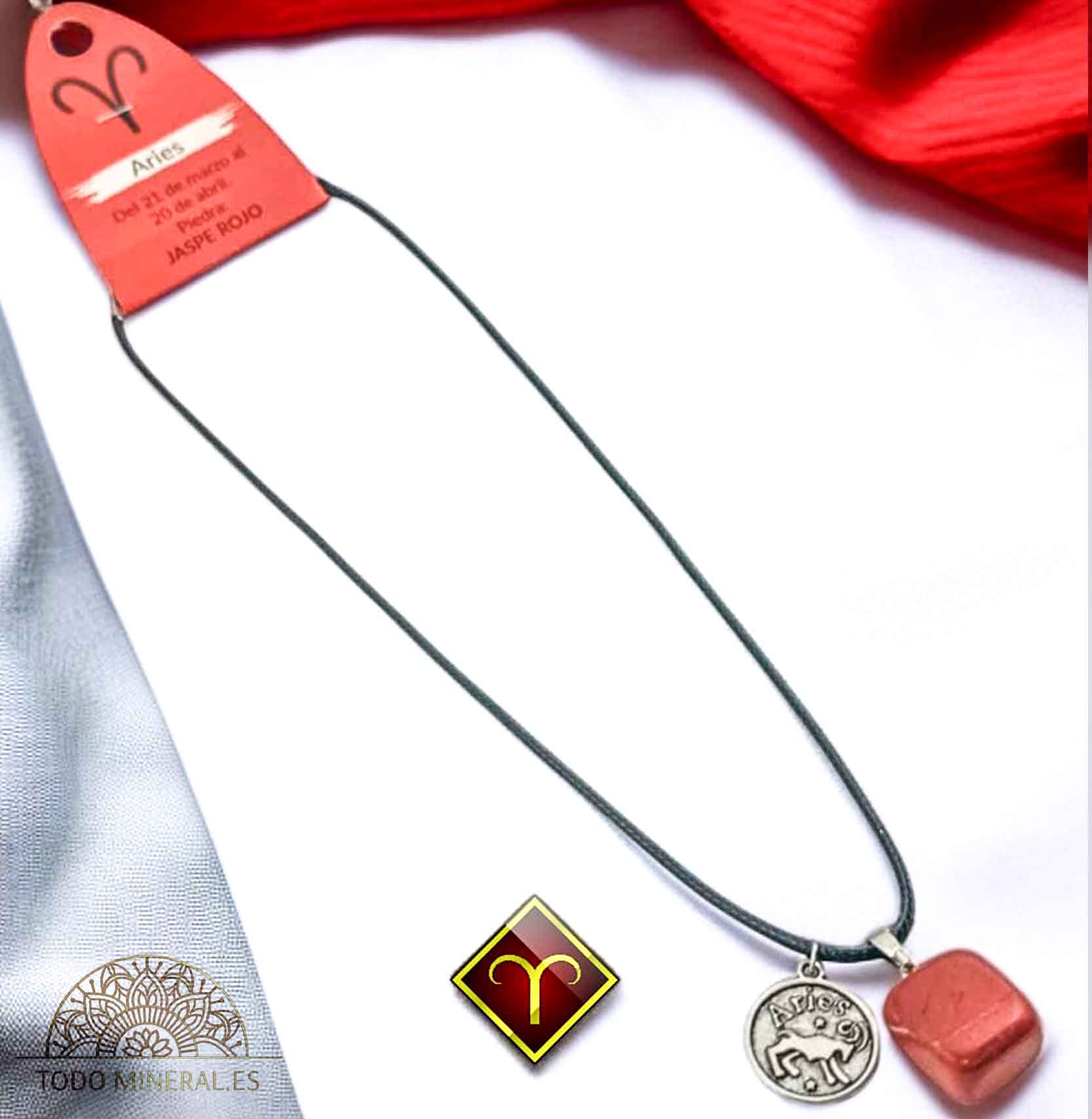 Collar Horóscopo Aries Con Piedra Jaspe Rojo Y Dije En Metal Cordon 45Cms - TODOMINERAL