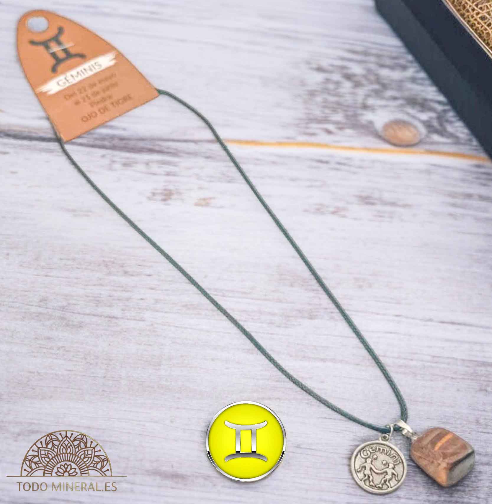 Collar Horóscopo Géminis Con Piedra Ojo De Tigre Y Dije En Metal Cordon 45Cms - TODOMINERAL