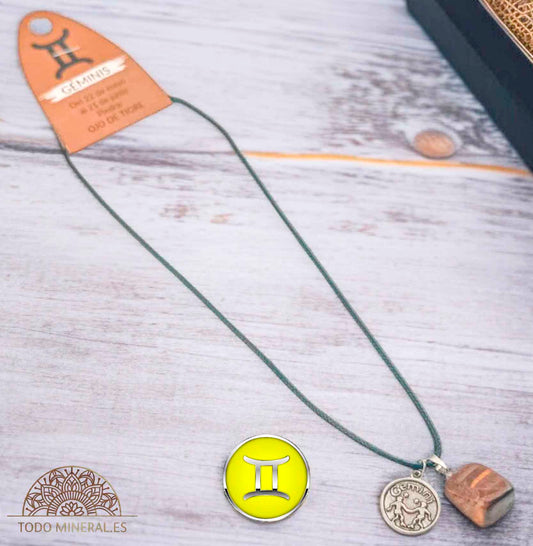 Collar Horóscopo Géminis Con Piedra Ojo De Tigre Y Dije En Metal Cordon 45Cms - TODOMINERAL