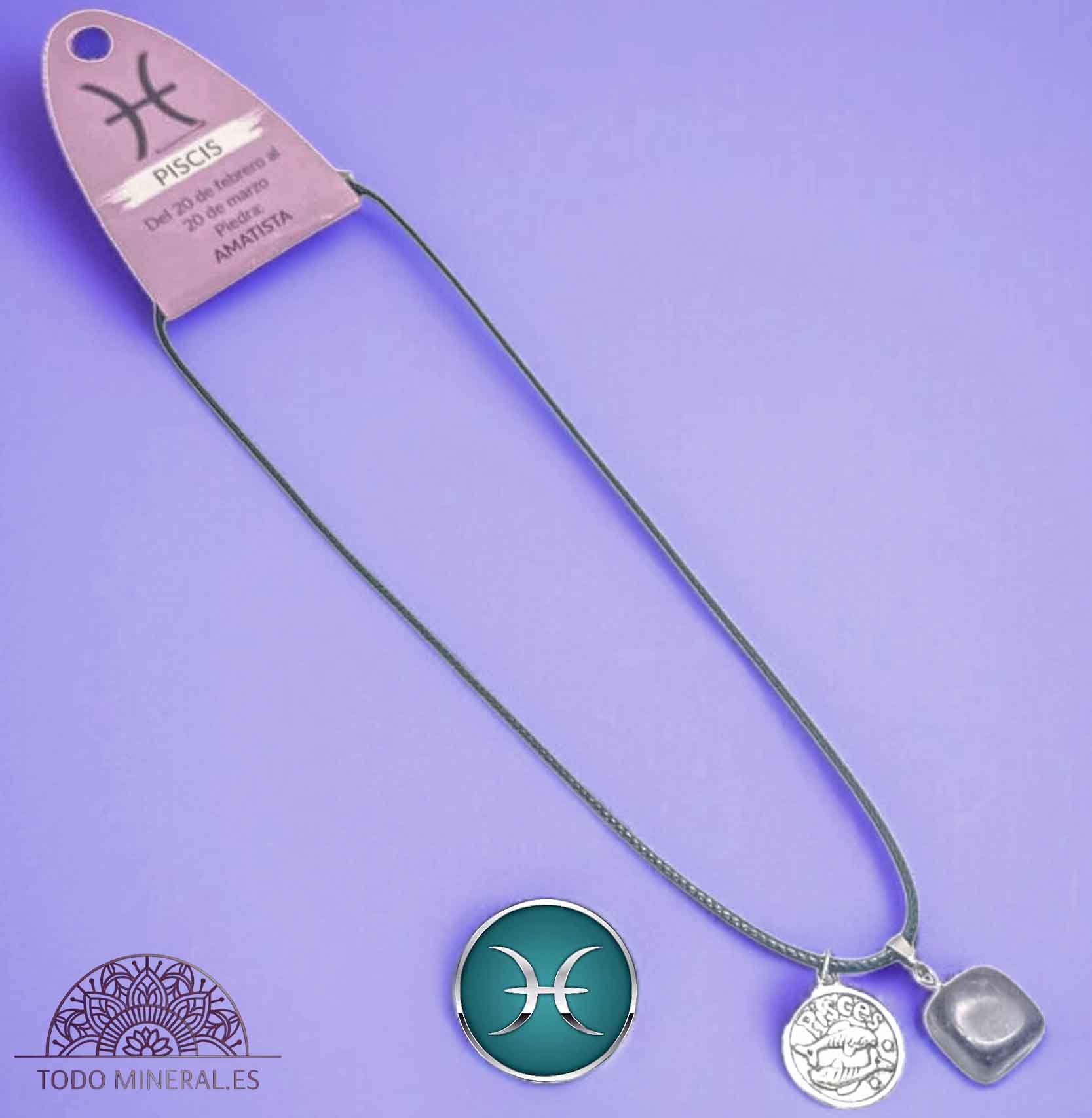 Collar Horóscopo Piscis Con Piedra Amatista Y Dije En Metal Cordon 45Cms - TODOMINERAL