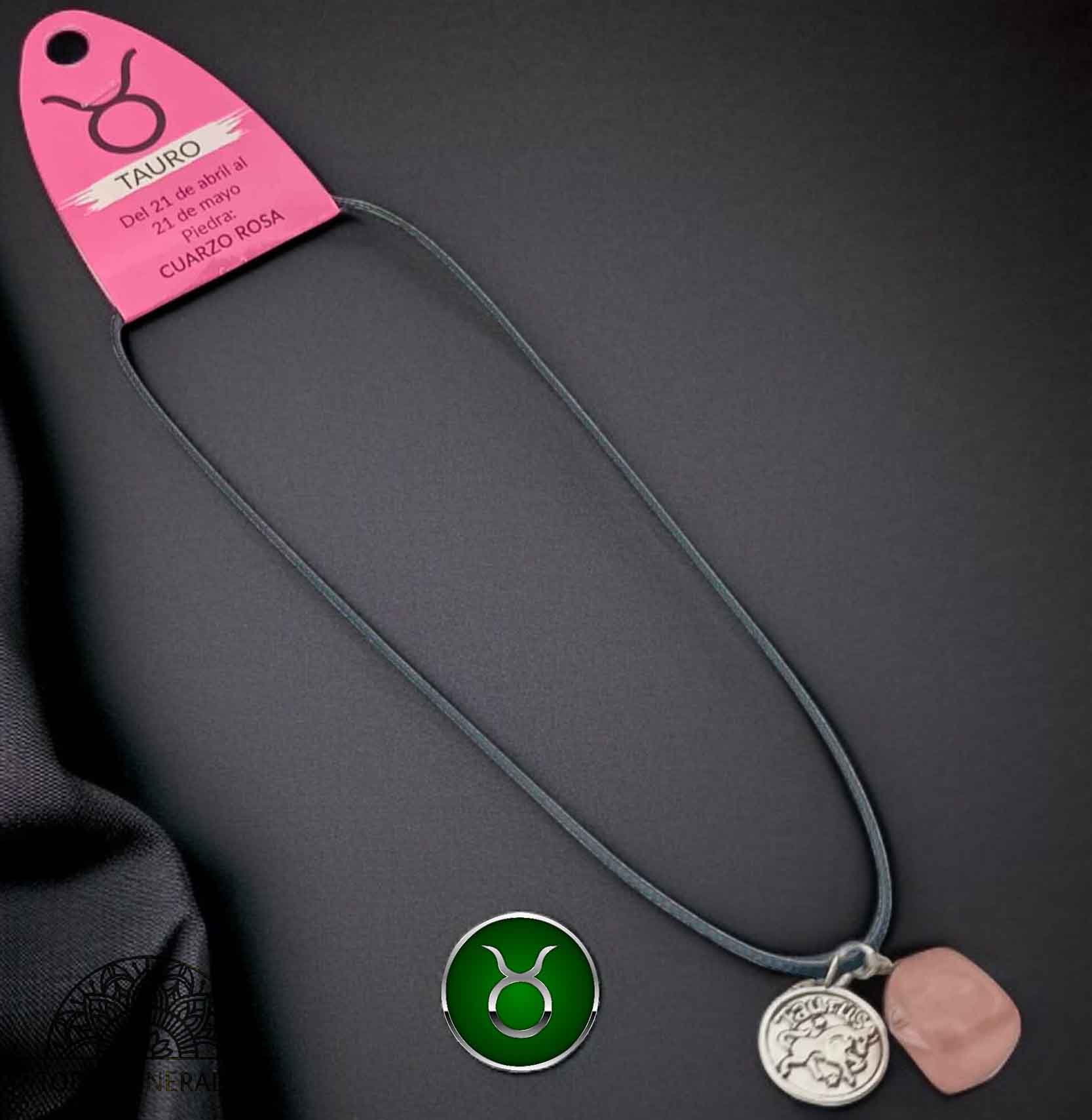 Collar Horóscopo Tauro Con Piedra Cuarzo Rosa Y Dije En Metal Cordon 45Cms - TODOMINERAL