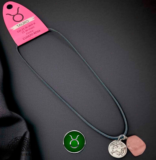 Collar Horóscopo Tauro Con Piedra Cuarzo Rosa Y Dije En Metal Cordon 45Cms - TODOMINERAL