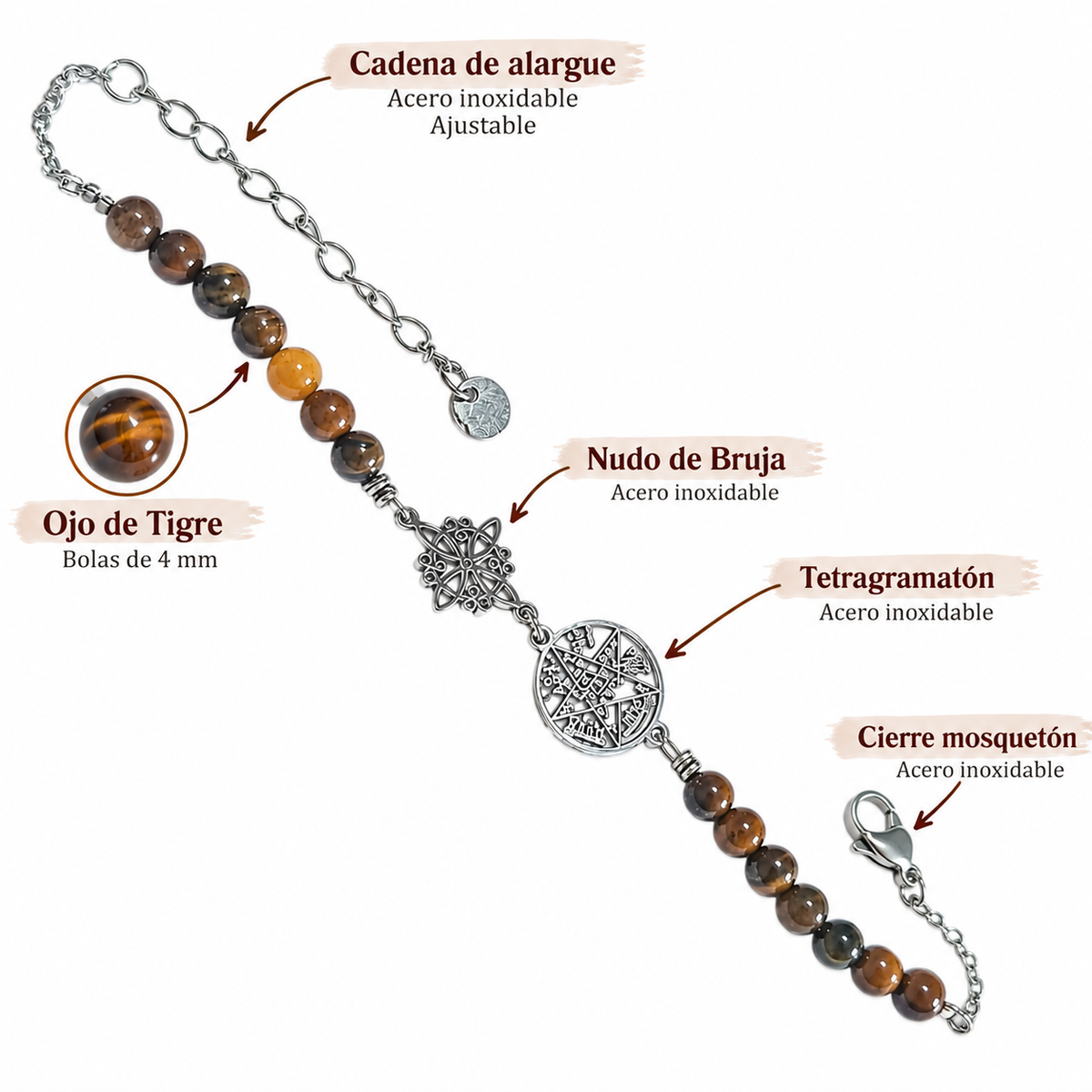 Pulsera Artesanal Acero Con Dije Nudo De Bruja Y Tetragramaton Piedra Natural Ojo De Tigre TOBILLERAS ACERO