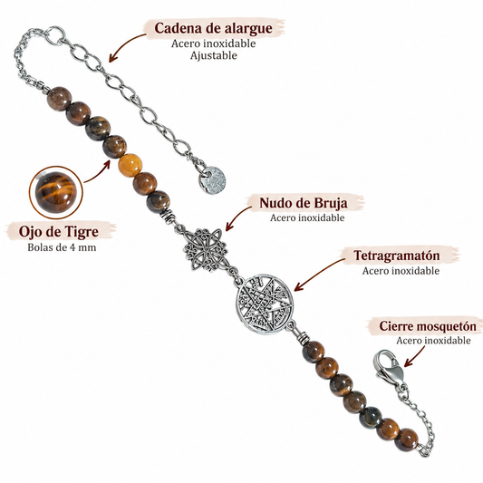 Pulsera Artesanal Acero Con Dije Nudo De Bruja Y Tetragramaton Piedra Natural Ojo De Tigre TOBILLERAS ACERO