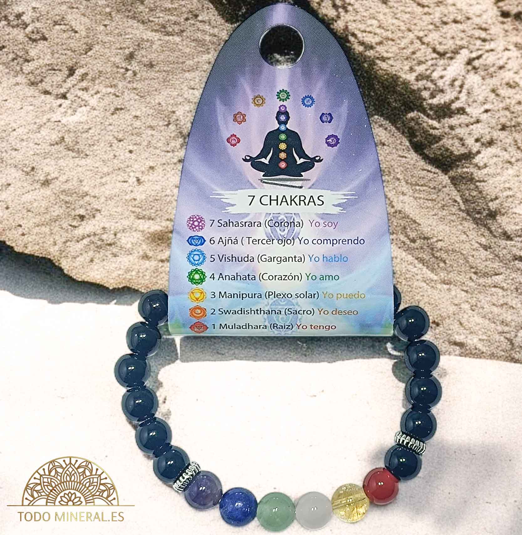 Pulsera 7 Chakras Con Onix 8 mm Dije De Disco - TODOMINERAL