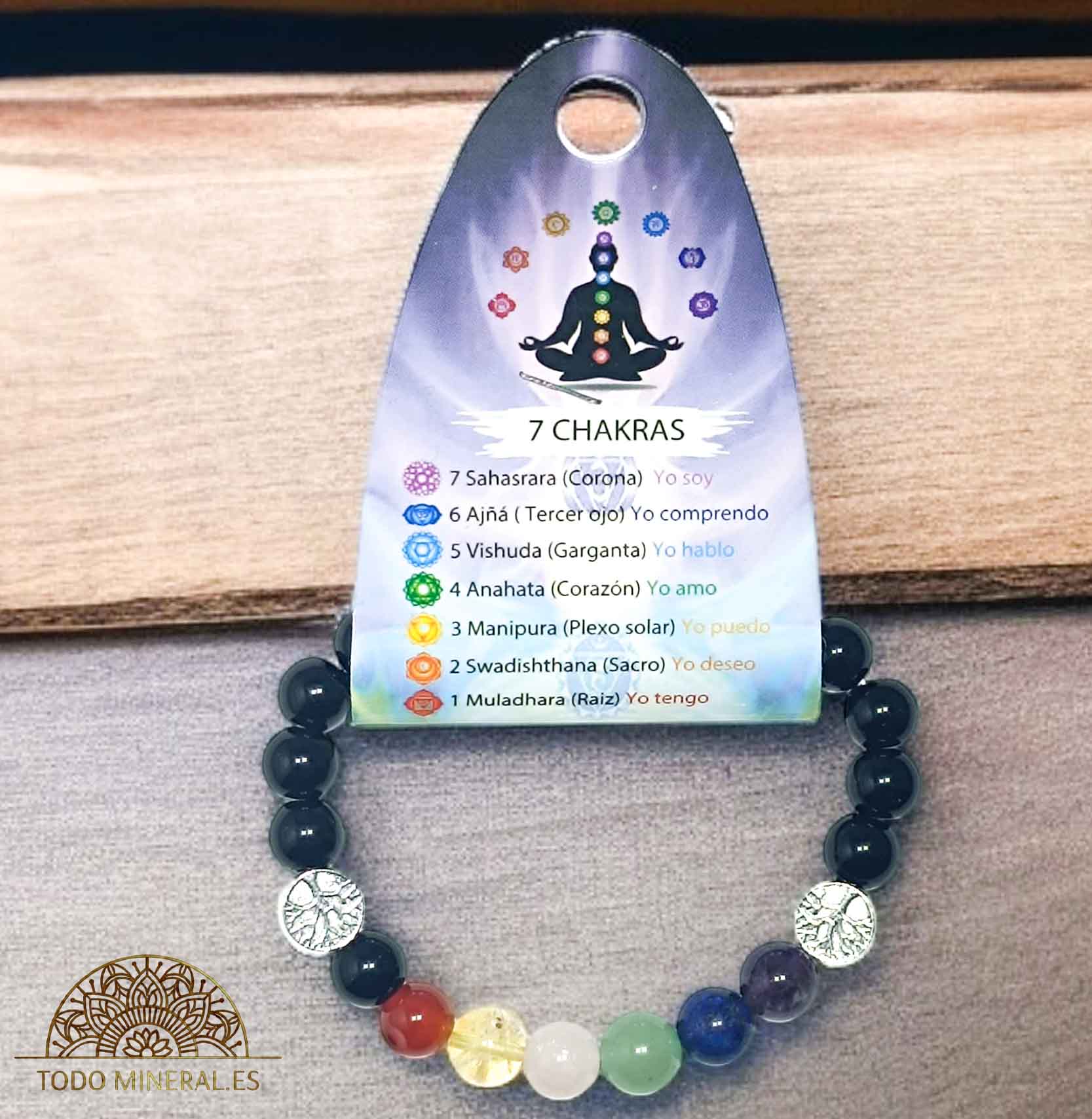 Pulsera 7 Chakras Con Onix 8 mm Dije De Árbol - TODOMINERAL