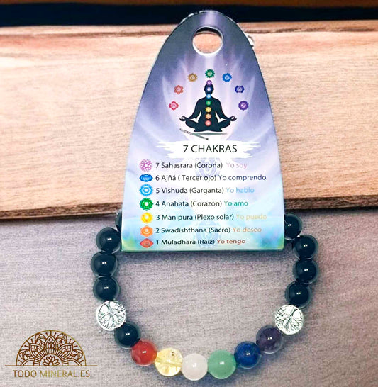 Pulsera 7 Chakras Con Onix 8 mm Dije De Árbol - TODOMINERAL