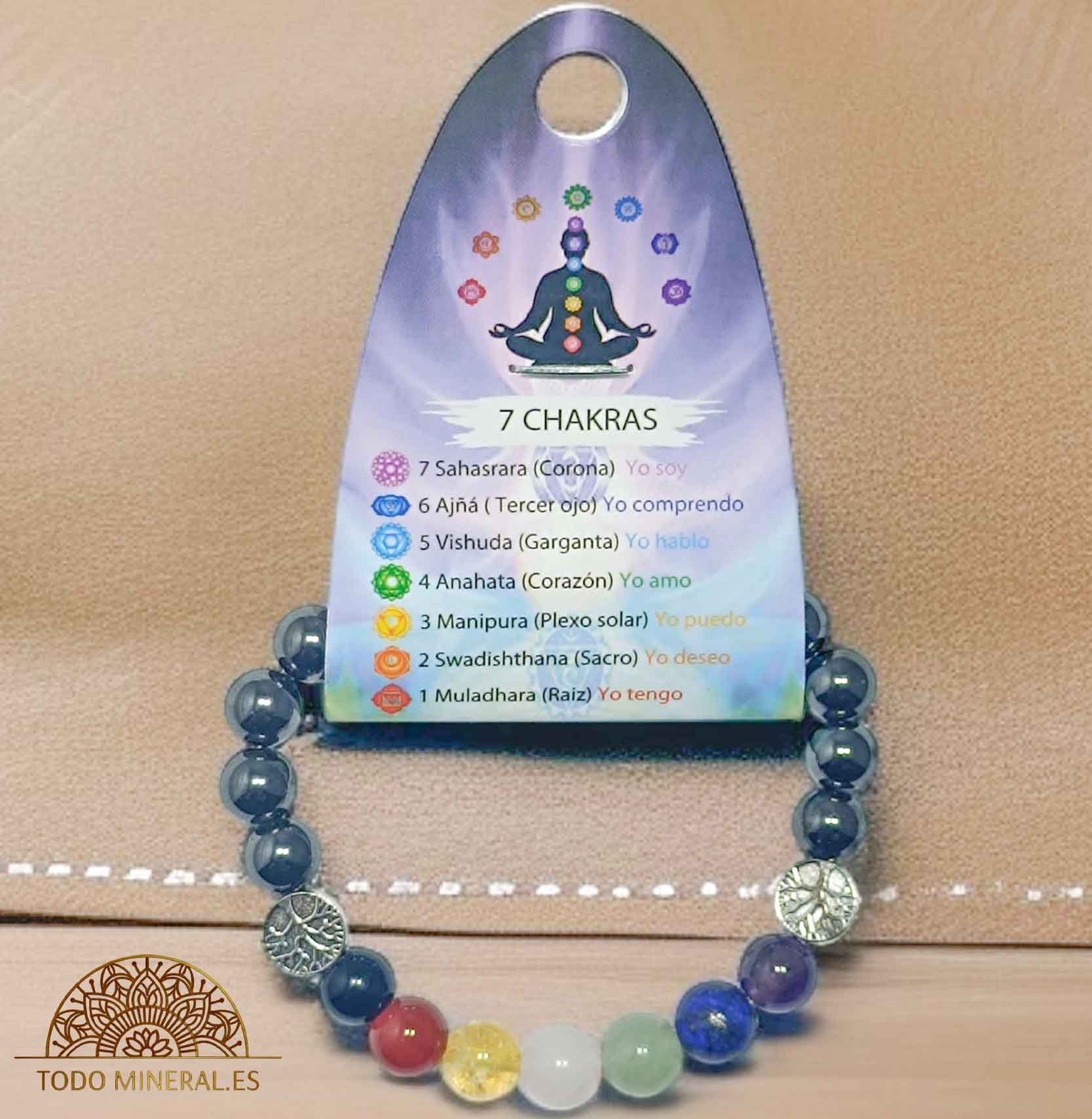 Pulsera 7 Chakras Con Hematite 8 mm Dije De Árbol - TODOMINERAL
