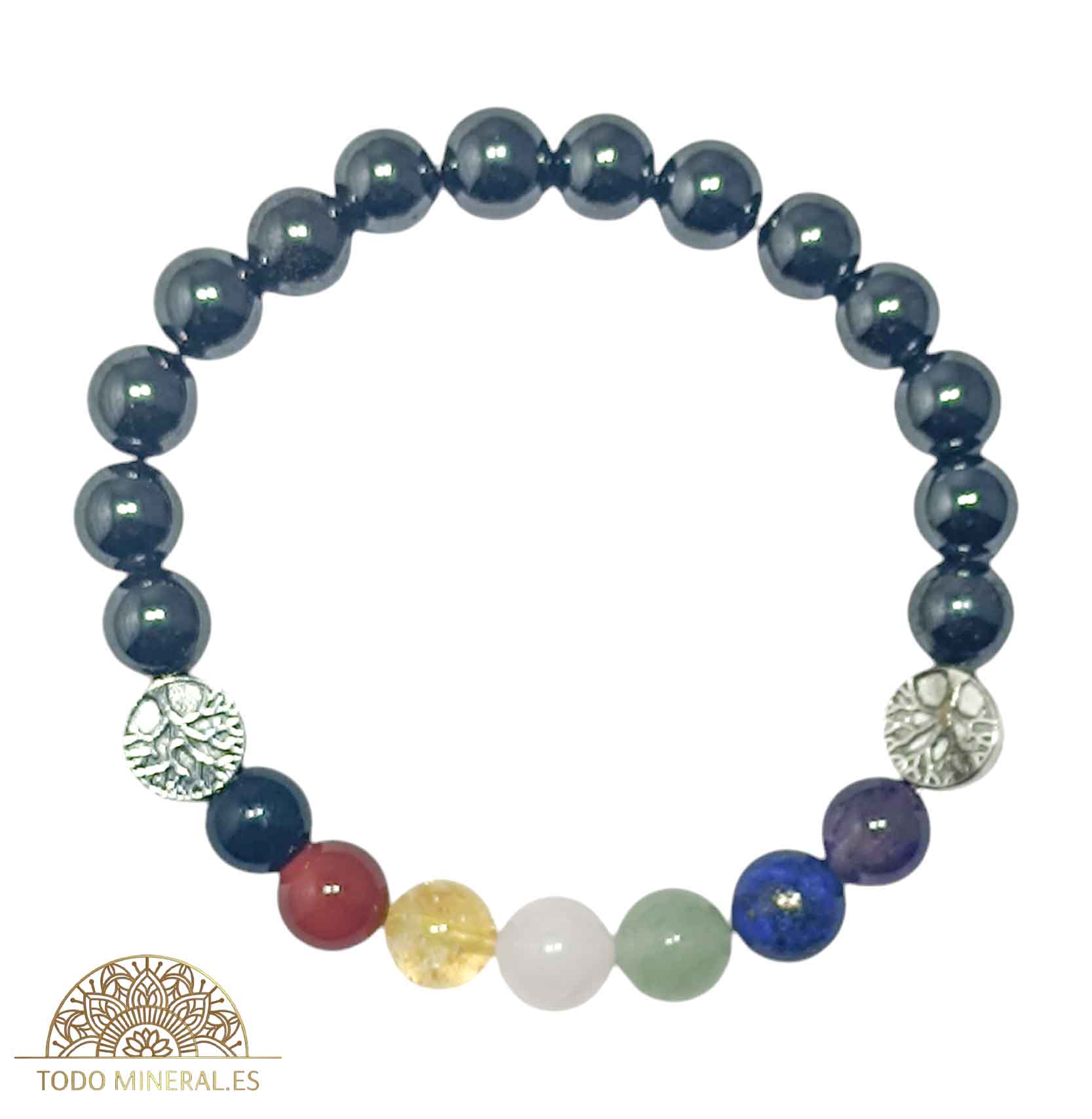 Pulsera 7 Chakras Con Hematite 8 mm Dije De Árbol - TODOMINERAL