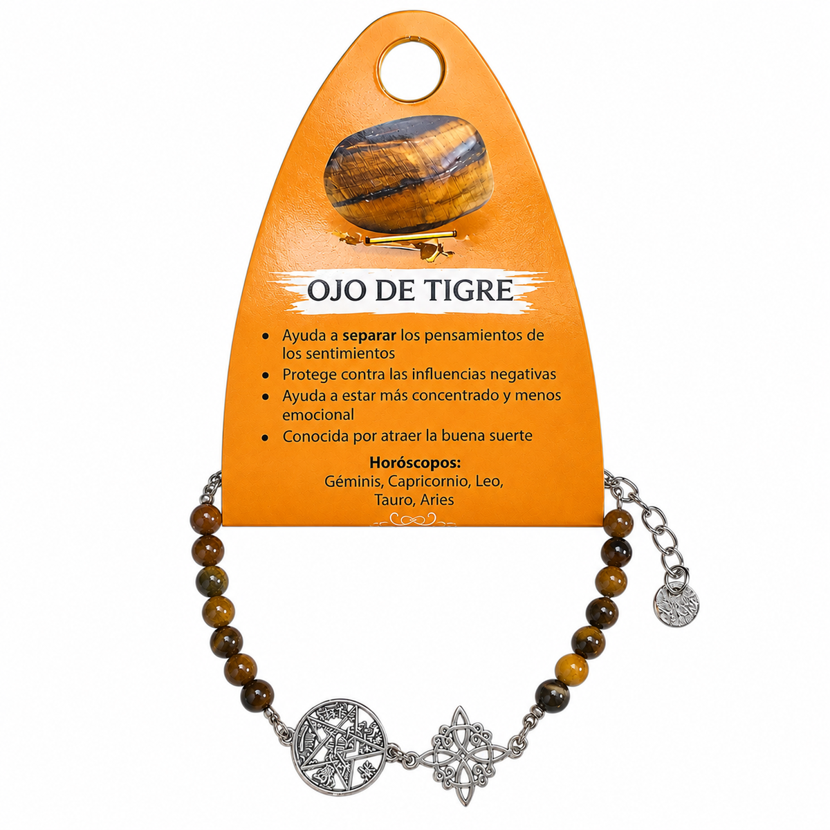 Pulsera Artesanal Acero Con Dije Nudo De Bruja Y Tetragramaton Piedra Natural Ojo De Tigre TOBILLERAS ACERO