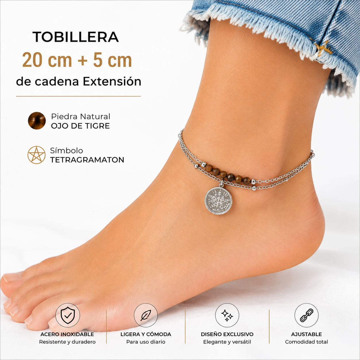 Tobillera Acero Con Dije Tetragramaton Y Piedra Natural Ojo De Tigre TOBILLERAS ACERO