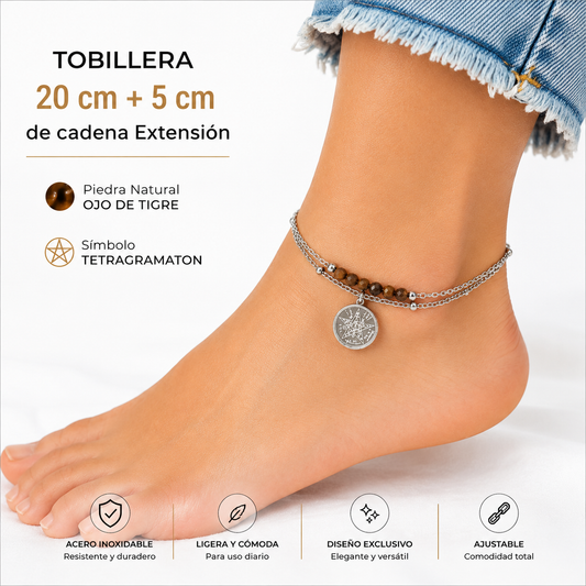 Tobillera Acero Con Dije Tetragramaton Y Piedra Natural Ojo De Tigre TOBILLERAS ACERO