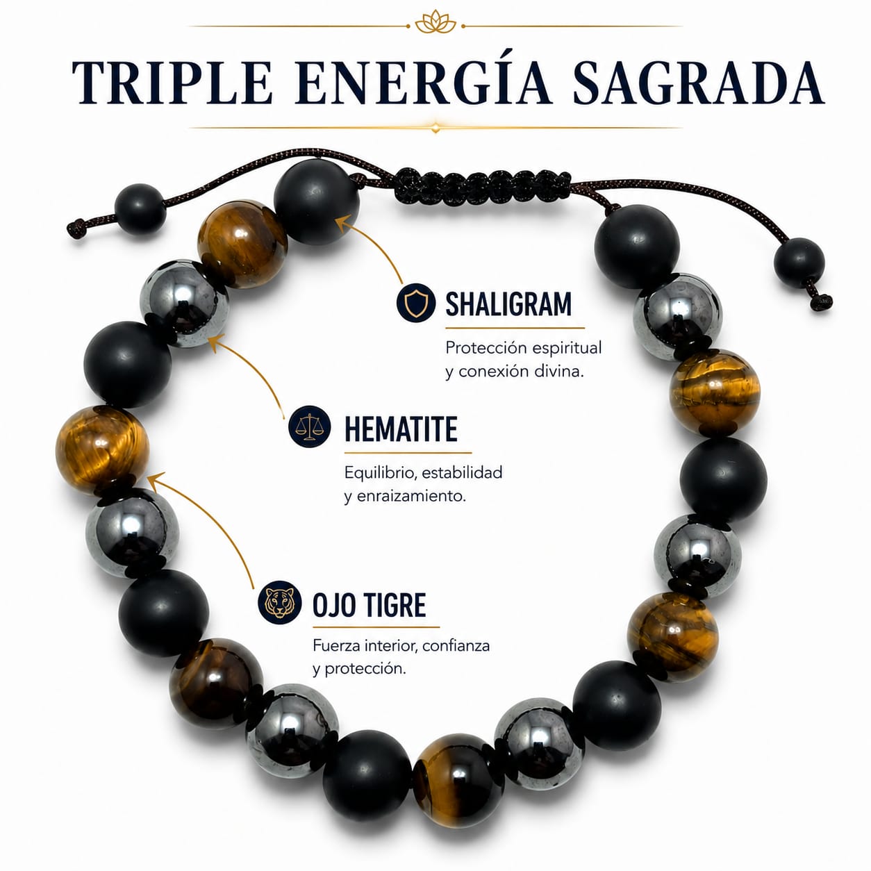 Pulsera Con Nudo Correrizo Y Piedra Combinada Triple Energia Sagrada 10 mm PULSERAS MINERALES