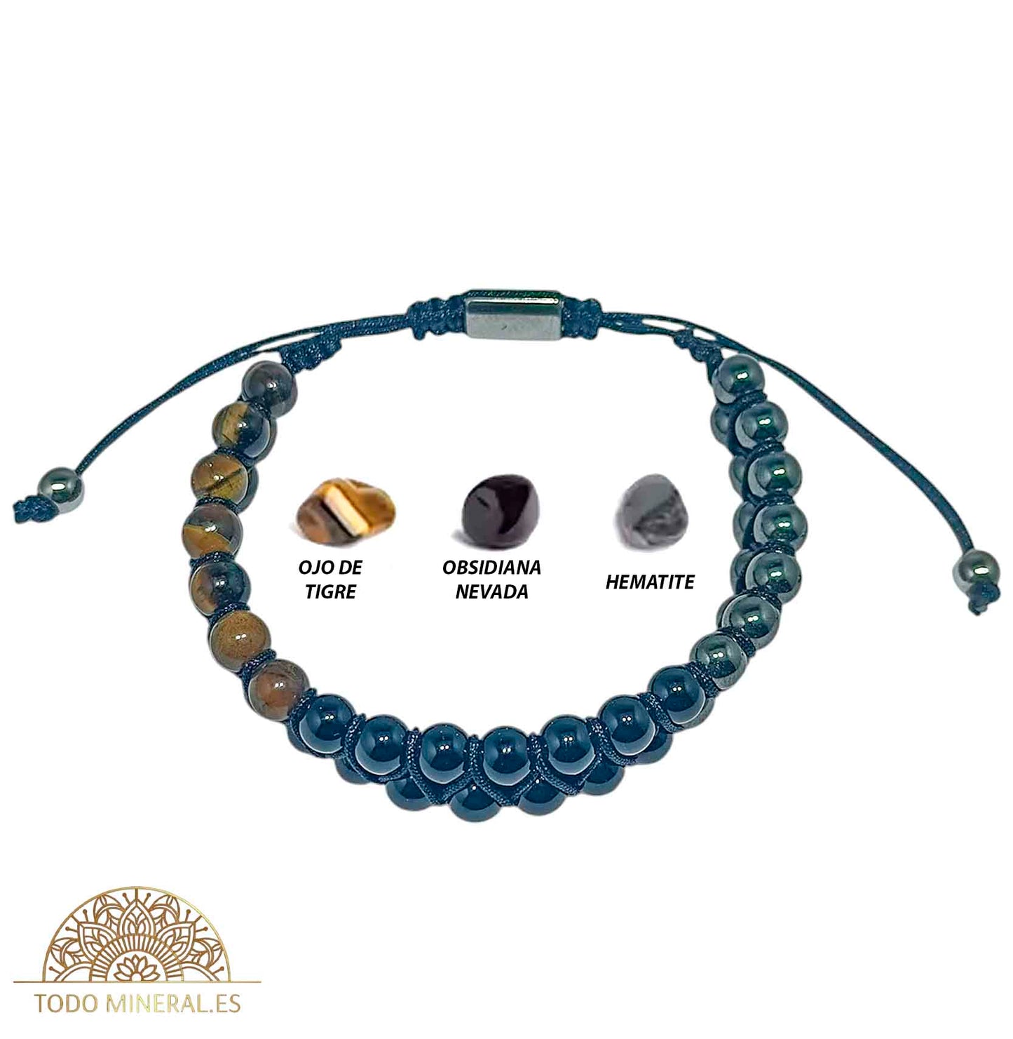 Pulsera Combinada Triple Potección 6 mm Hilo Macrame Ajustable PULSERAS MINERALES