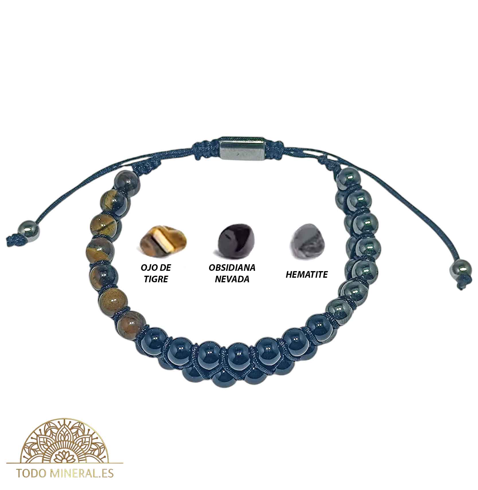 Pulsera Combinada Triple Potección 6 mm Hilo Macrame Ajustable PULSERAS MINERALES