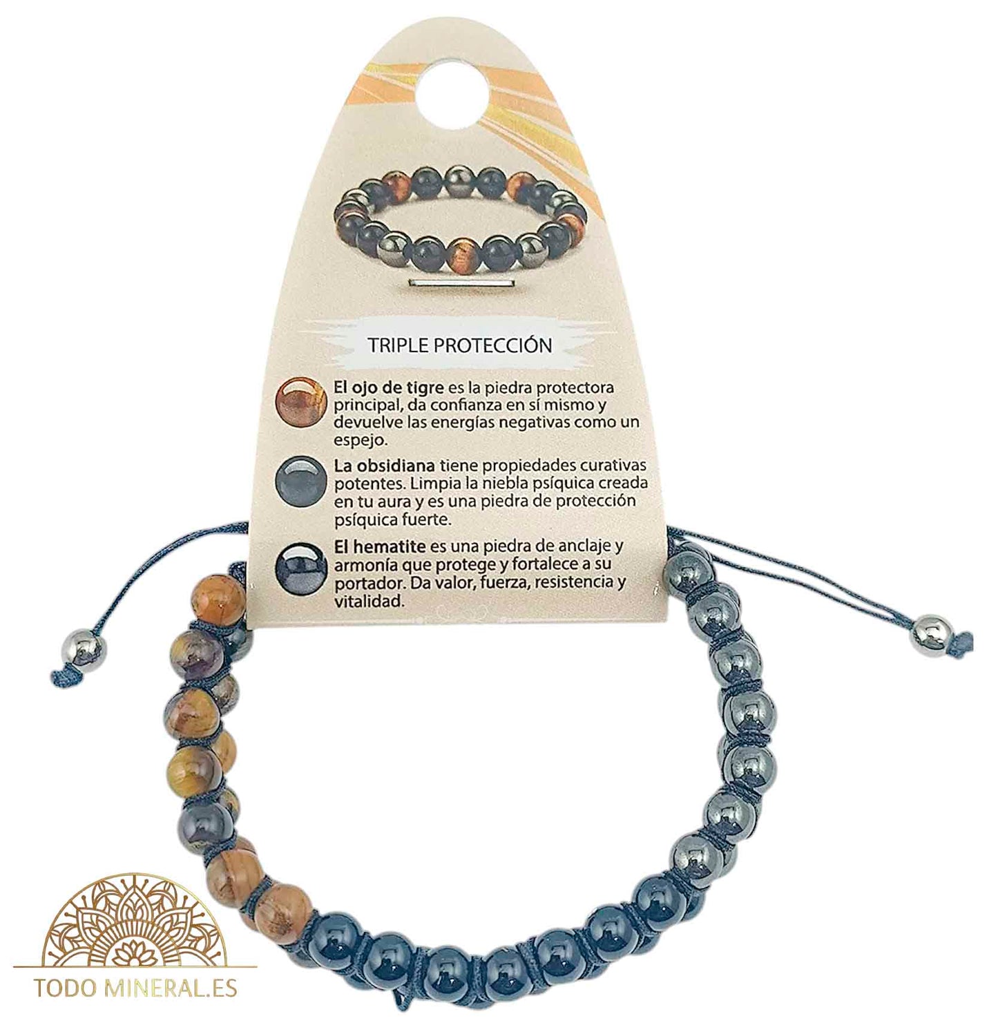 Pulsera Combinada Triple Potección 6 mm Hilo Macrame Ajustable PULSERAS MINERALES