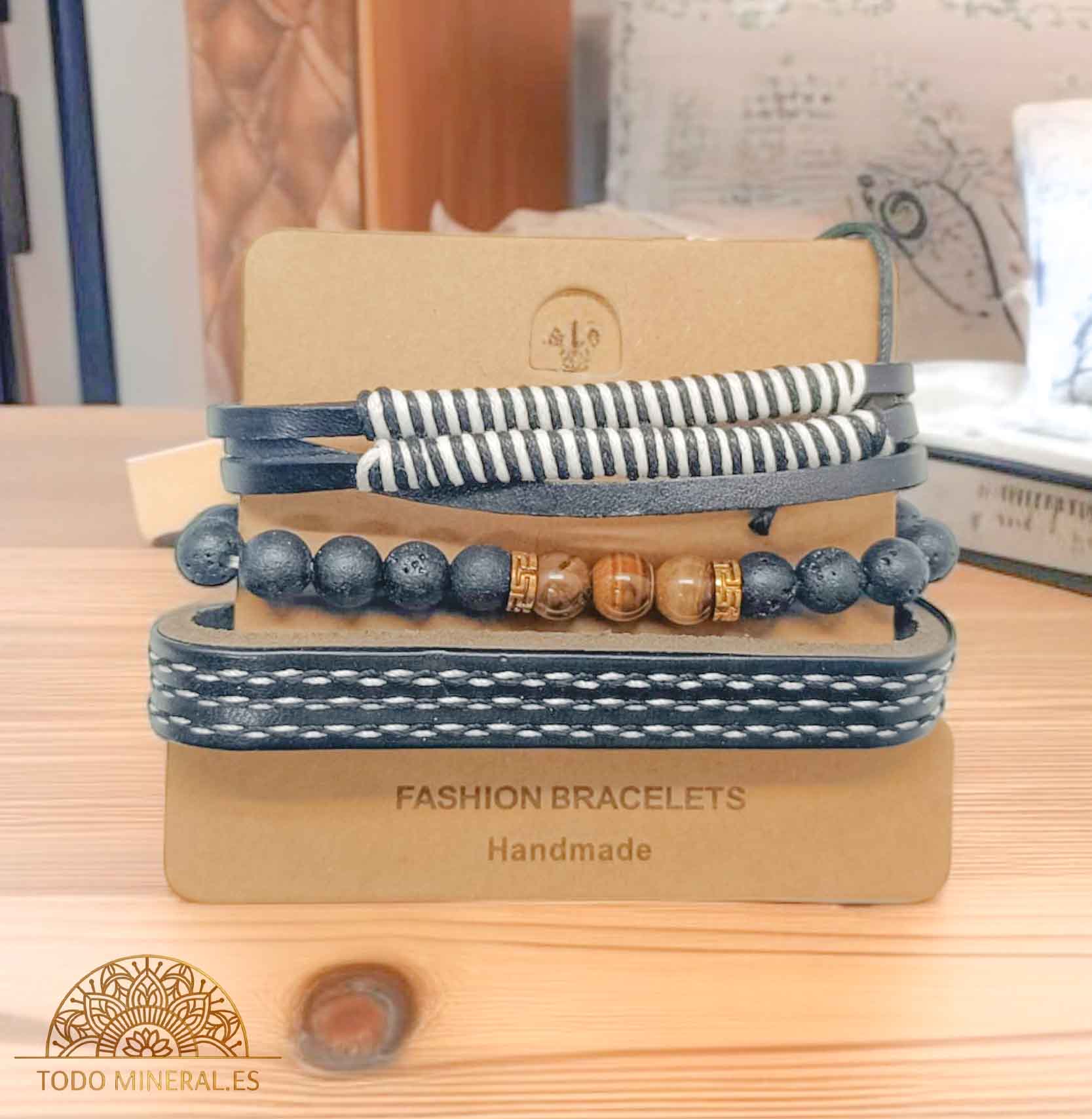 PACK Pulseras Caucho Negro Con Bisuteria Y Mineral Ojo De Tigre - TODOMINERAL