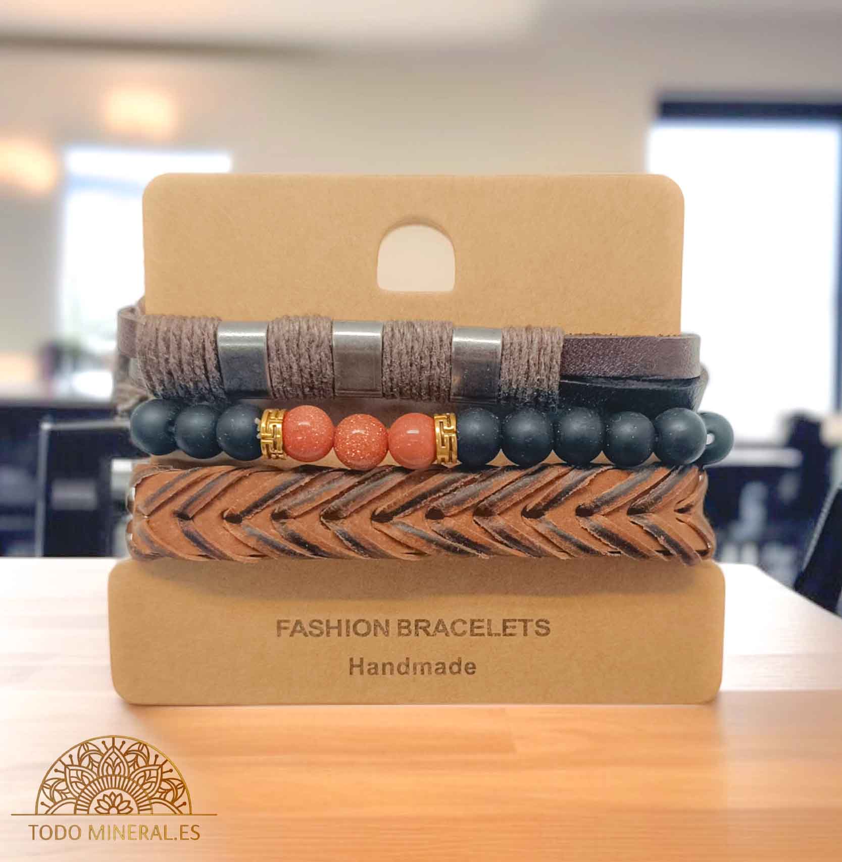PACK Pulseras Caucho Marron Con Bisuteria Y Mineral Venturina Dorada - TODOMINERAL