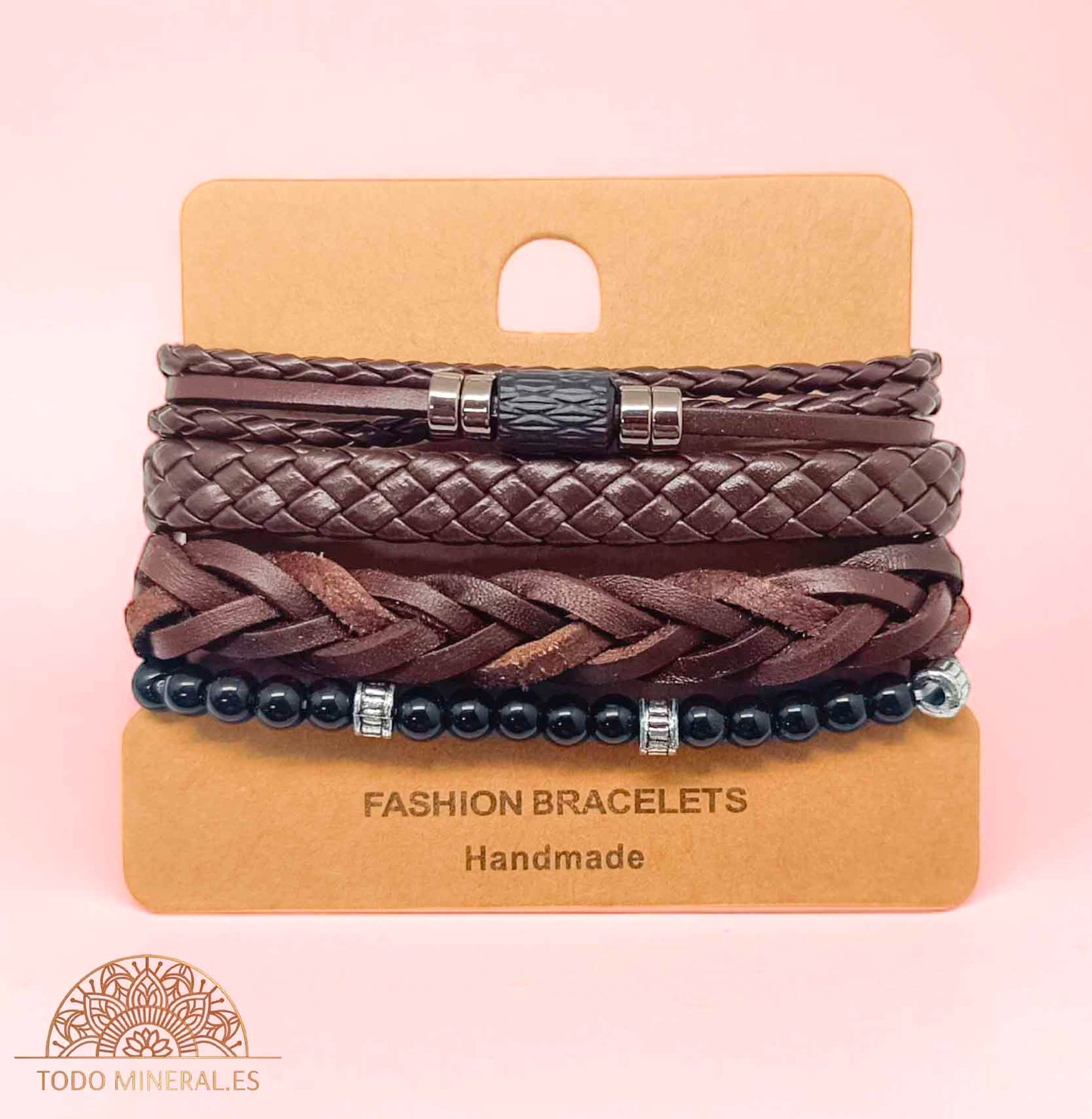 PACK Pulseras Caucho Marron Con Bisuteria Y Mineral Onix - TODOMINERAL
