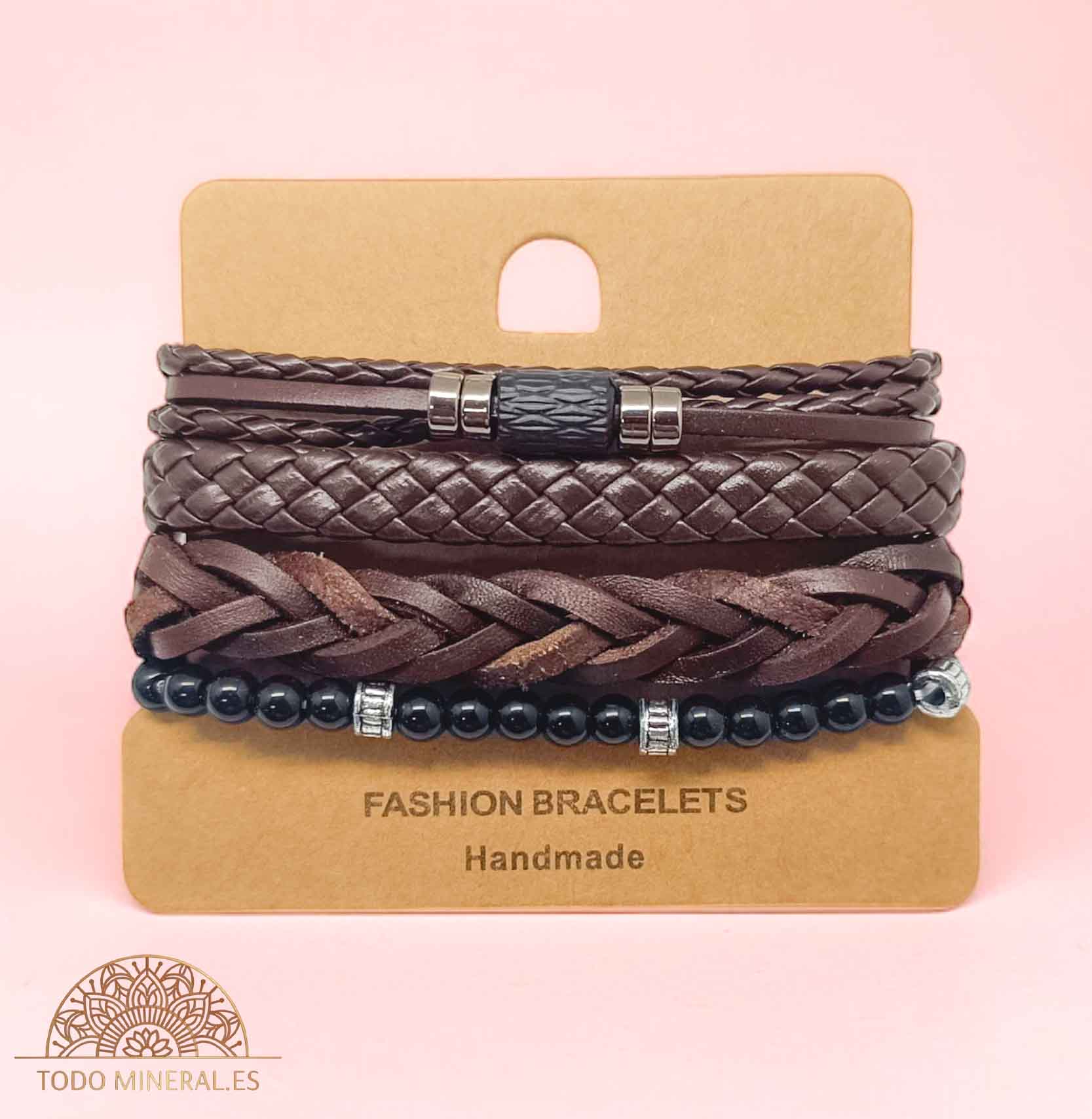 PACK Pulseras Caucho Marron Con Bisuteria Y Mineral Onix - TODOMINERAL