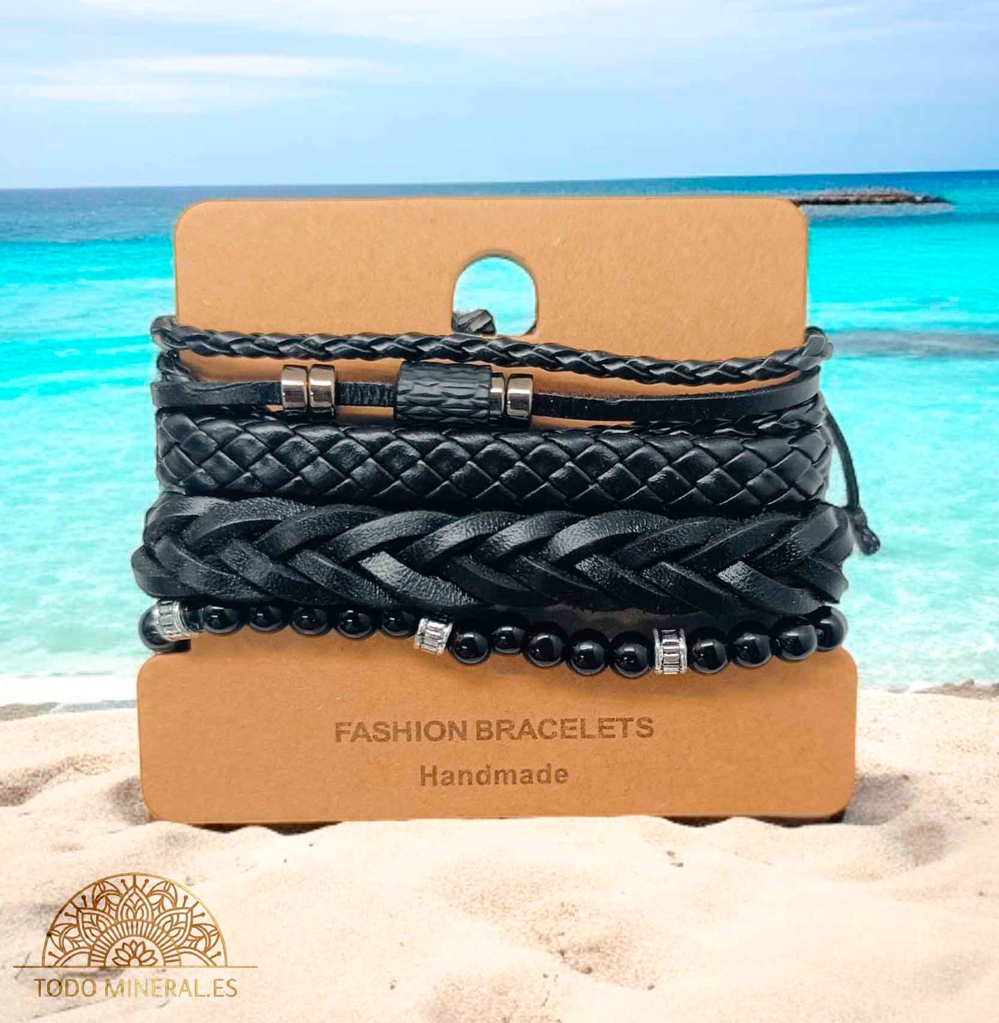 PACK Pulseras Caucho Negro Con Bisuteria Y Mineral Onix - TODOMINERAL