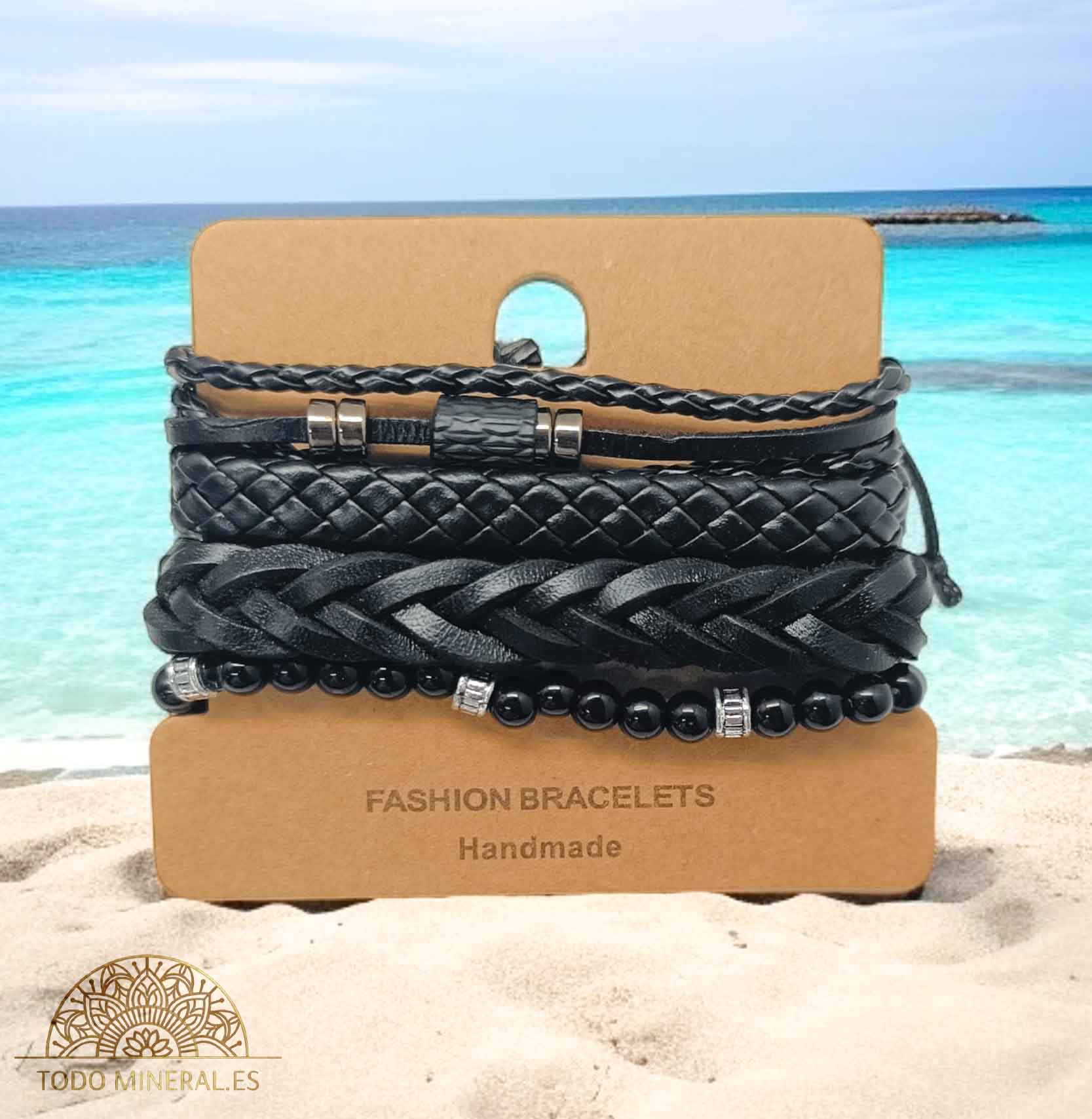 PACK Pulseras Caucho Negro Con Bisuteria Y Mineral Onix - TODOMINERAL