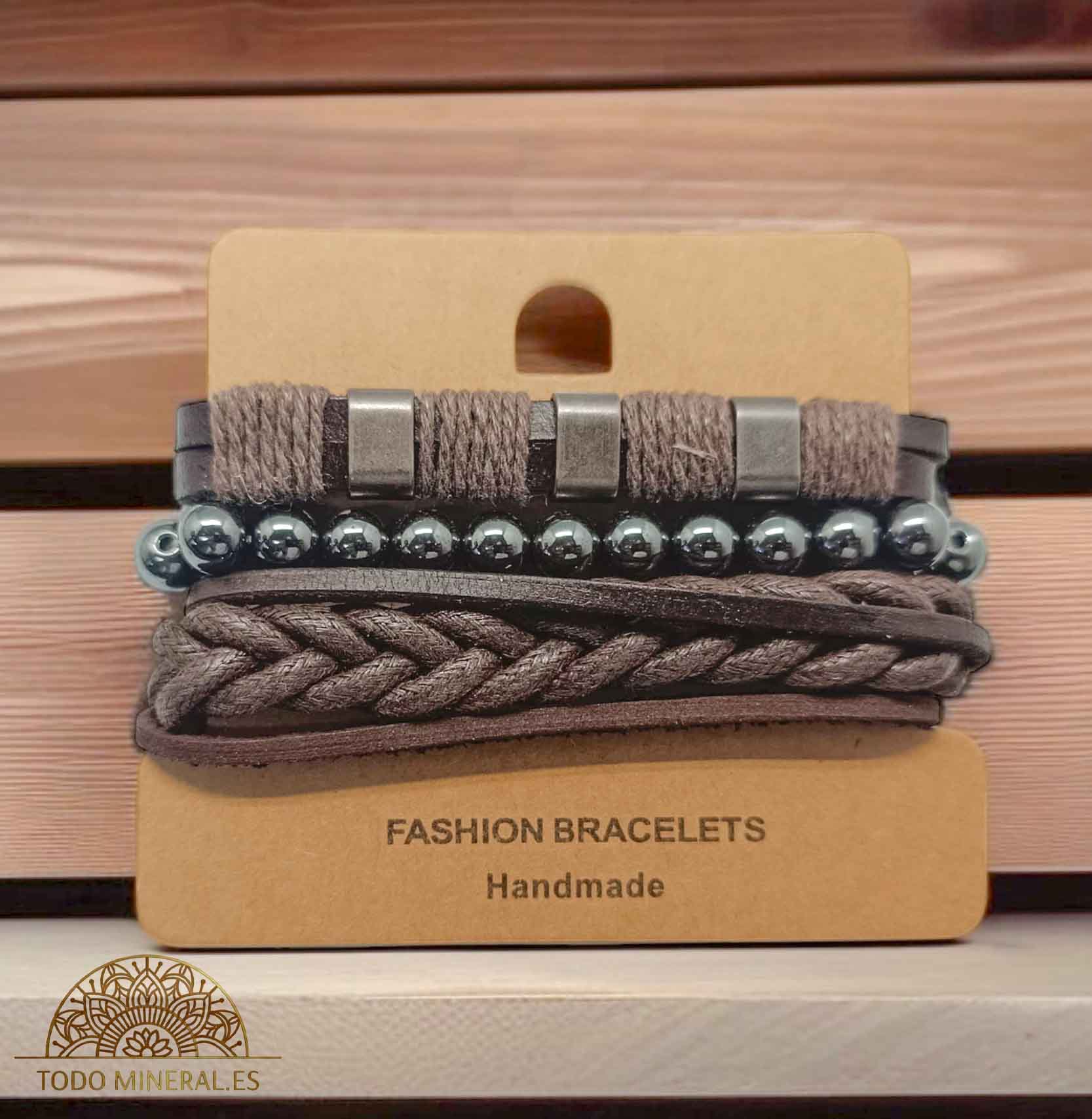 PACK Pulseras Caucho Marron Con Bisuteria Y Mineral Hematite - TODOMINERAL