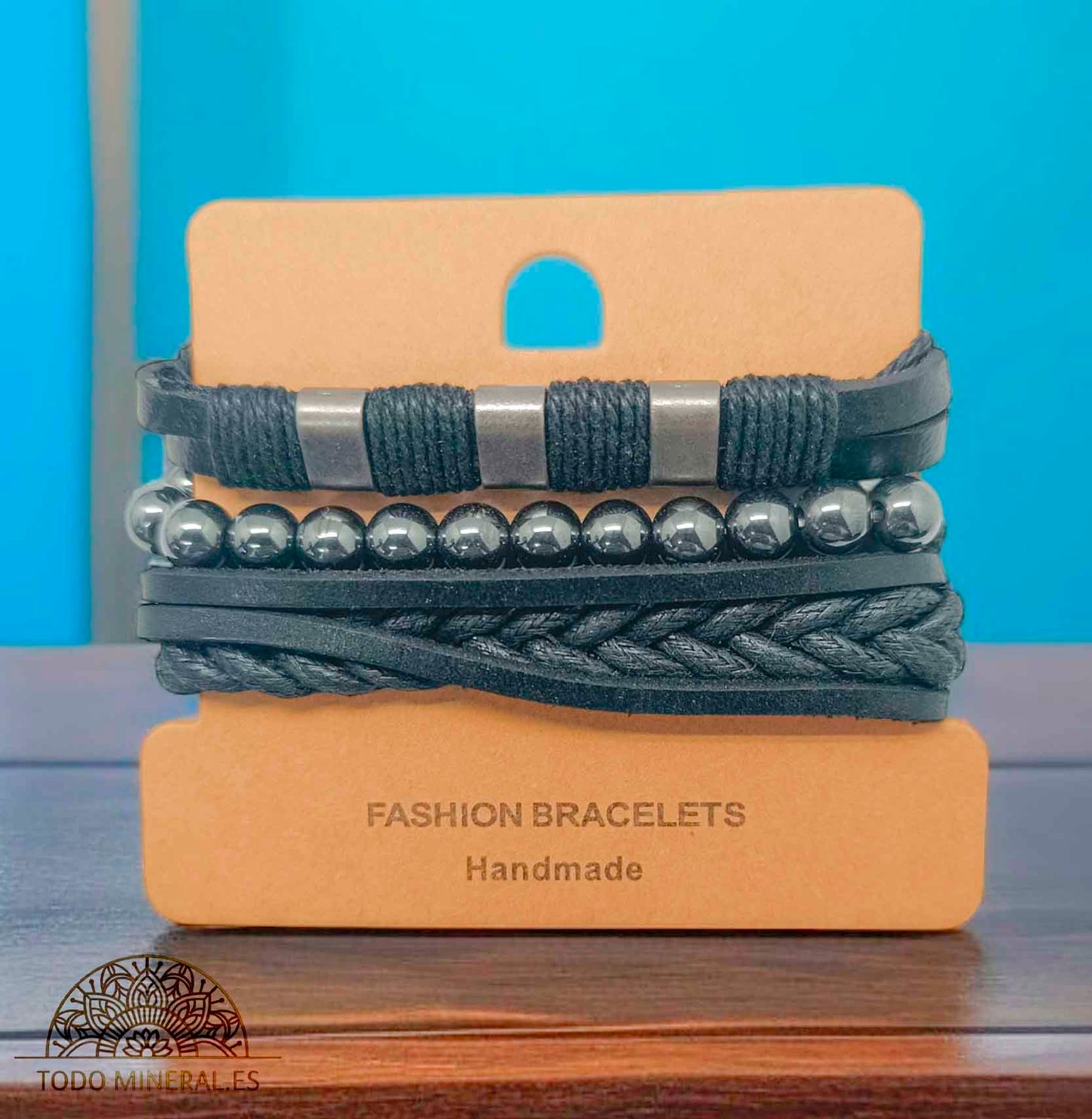 PACK Pulseras Caucho Negro Con Bisuteria Y Mineral Hematite - TODOMINERAL