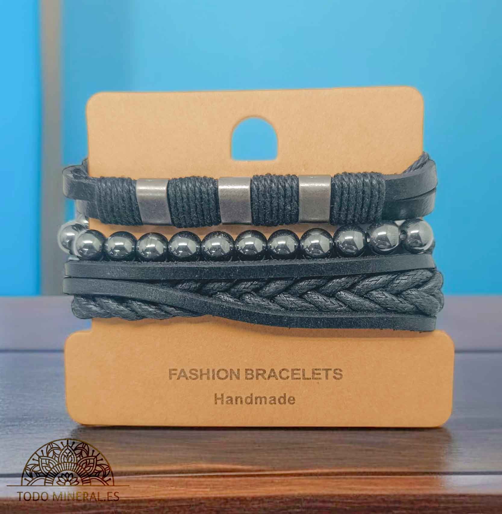 PACK Pulseras Caucho Negro Con Bisuteria Y Mineral Hematite - TODOMINERAL