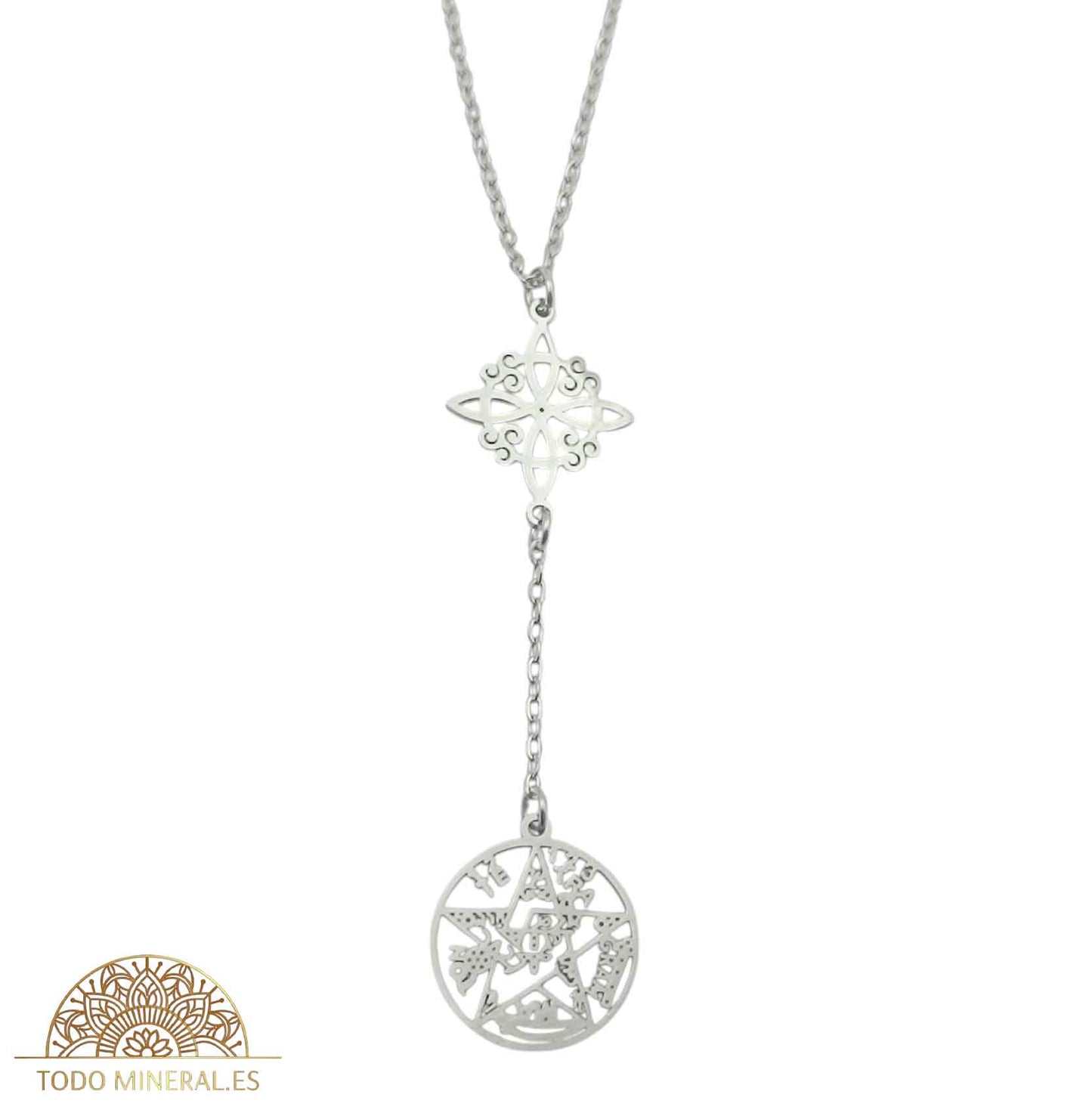 Collar Doble Protección Nudo De Bruja Tetragramaton En Acero Inoxidable Con Cadena 45 Cms TODOMINERAL